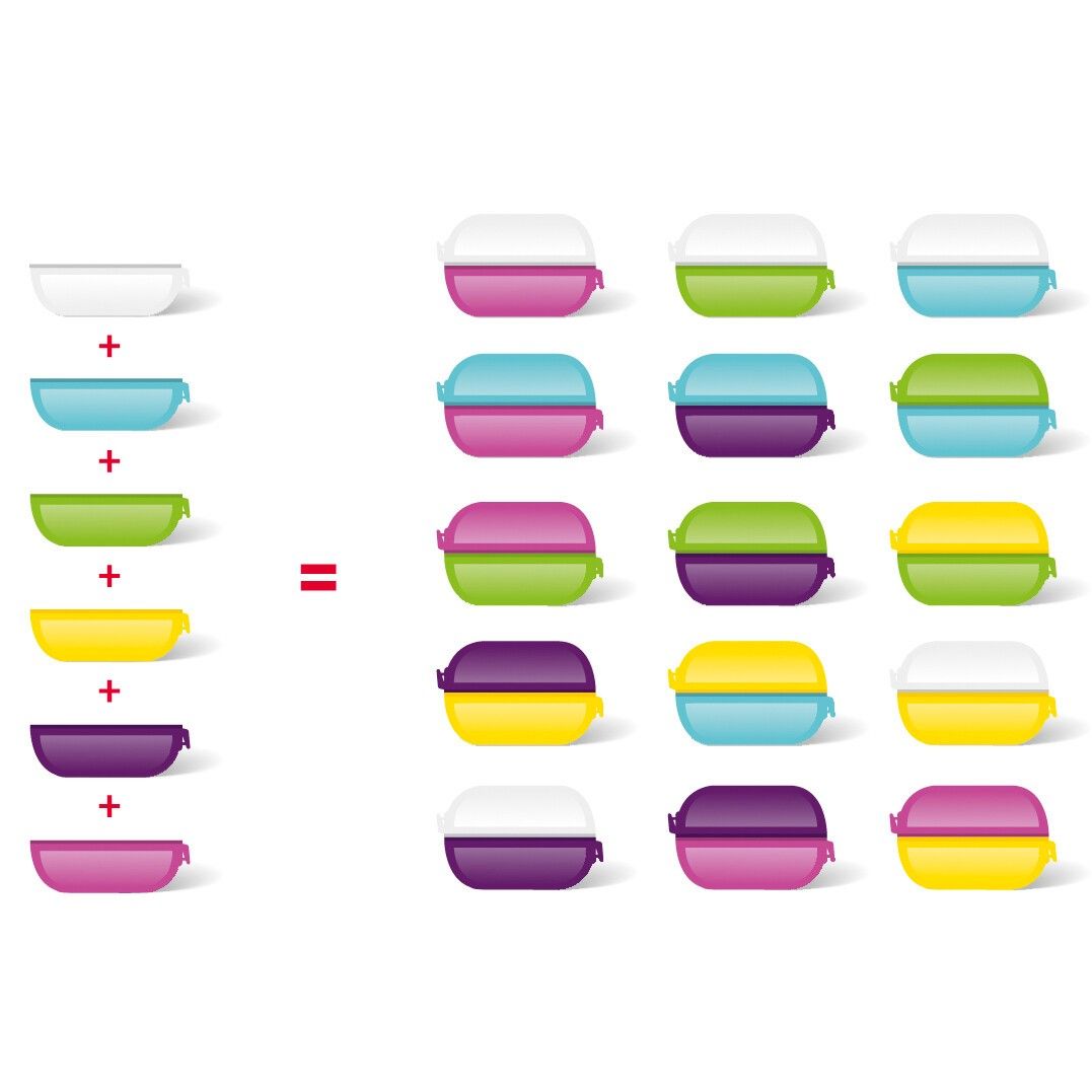 Grafische Darstellung der EMSA Variabolo Lunchboxen. Einzelne Boxen in verschiedenen Farben. Kombinationsmöglichkeiten.