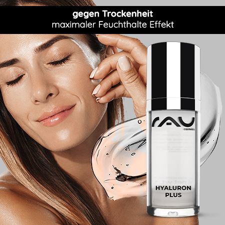 Frau berührt ihr Gesicht. Daneben Serumflasche. Text: gegen Trockenheit, maximaler Feuchthalte Effekt.