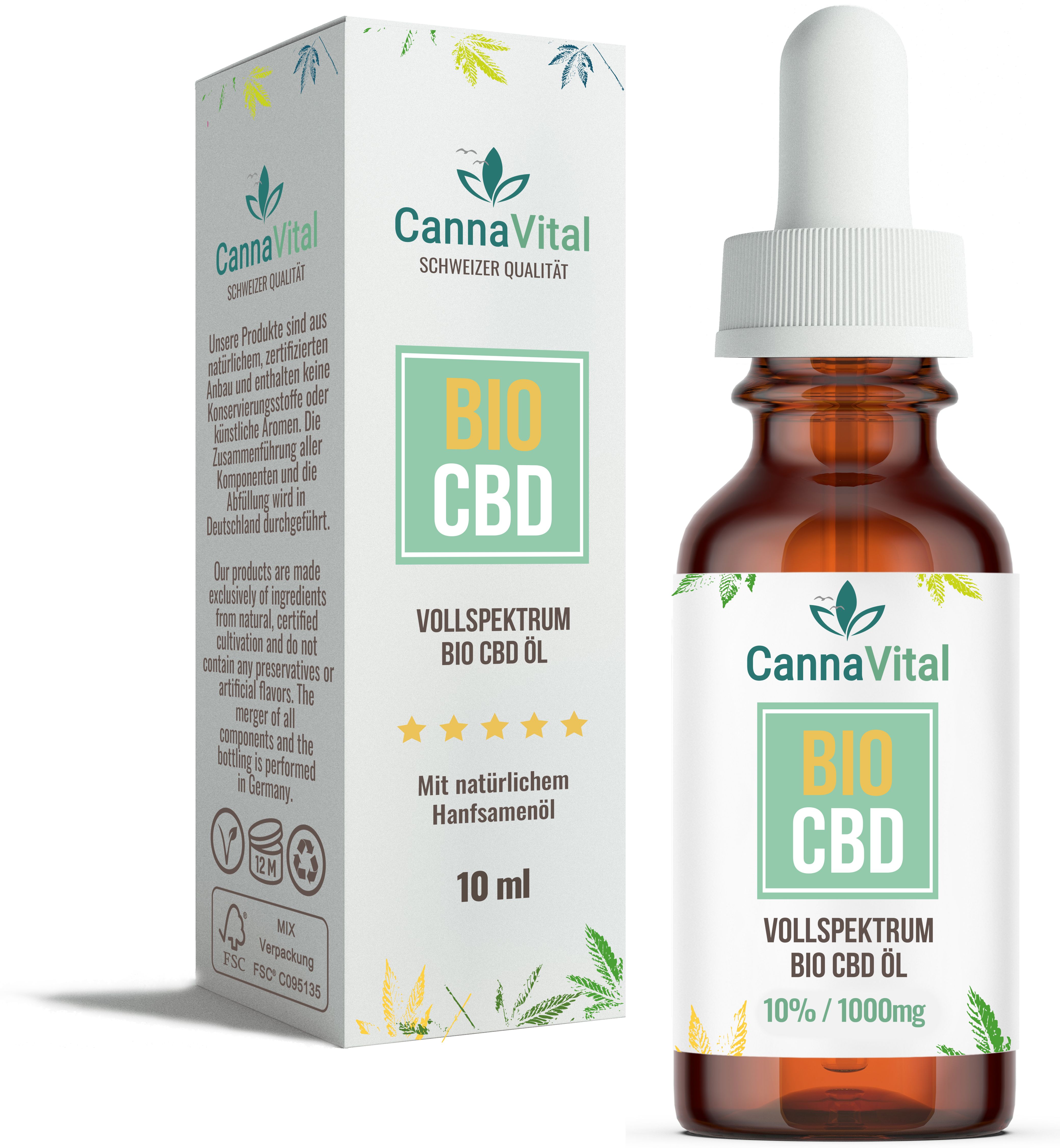 Braune Glasflasche mit Pipette und Karton. Aufschrift: Bio CBD, 10 ml, CannaVital, Schweizer Qualität.