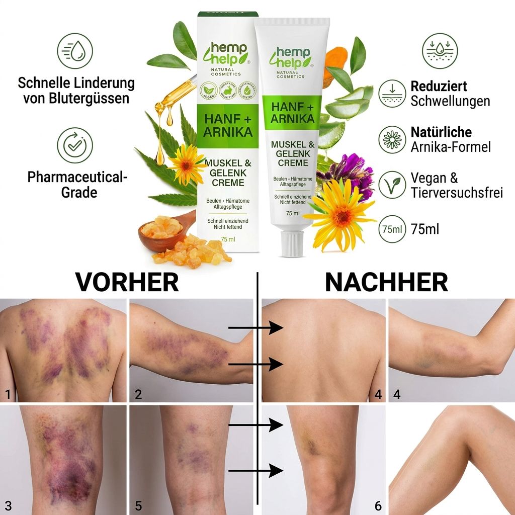 Zwei Tuben Hanf & Arnika Creme, 75ml. Illustrationen von Hanfblättern, Blüten und Inhaltsstoffen. Texte: Schnell, reduziert Schwellungen, vegan.