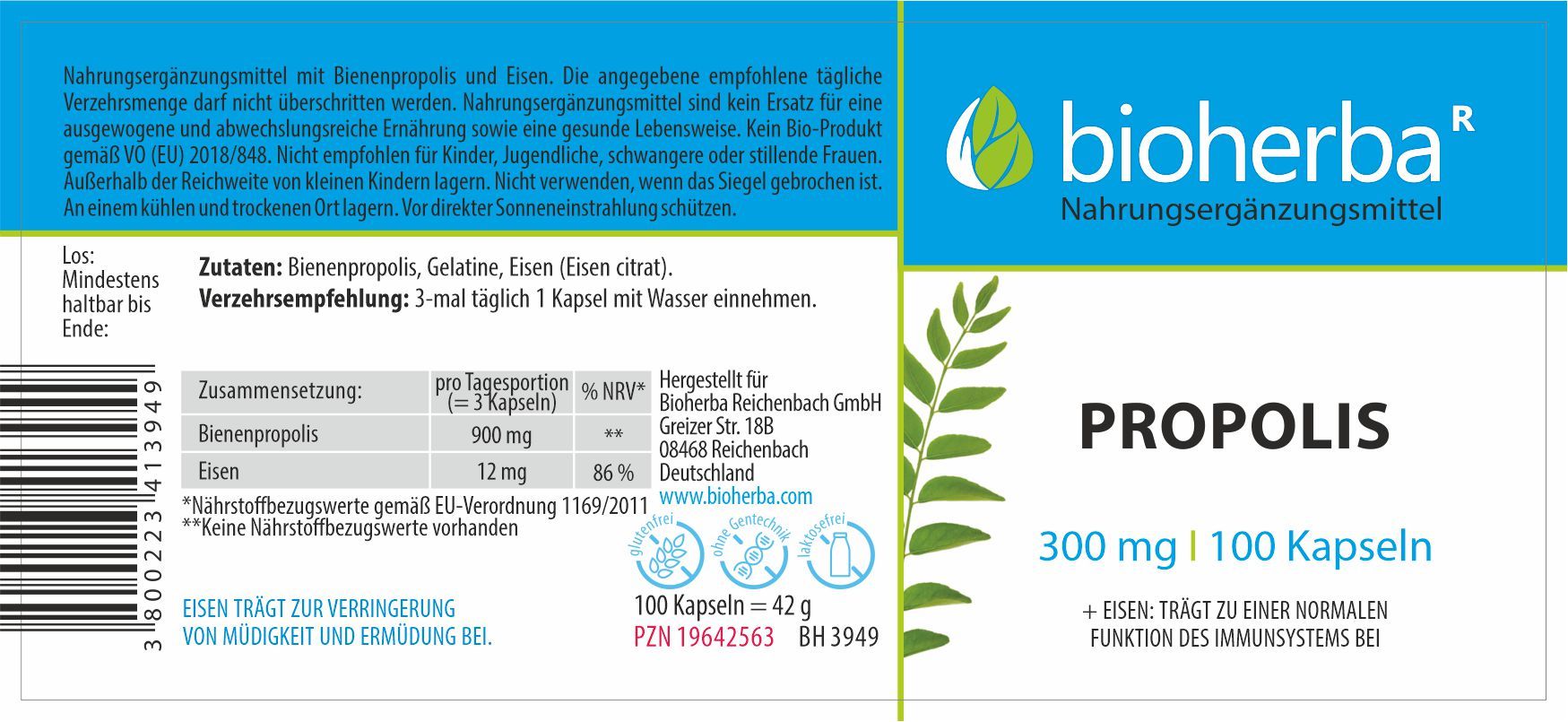 Etikett mit Produktinformationen. "bioherba" Logo. Text: "PROPOLIS", "300 mg | 100 Kapseln". Zutatenliste und Nährwertangaben.