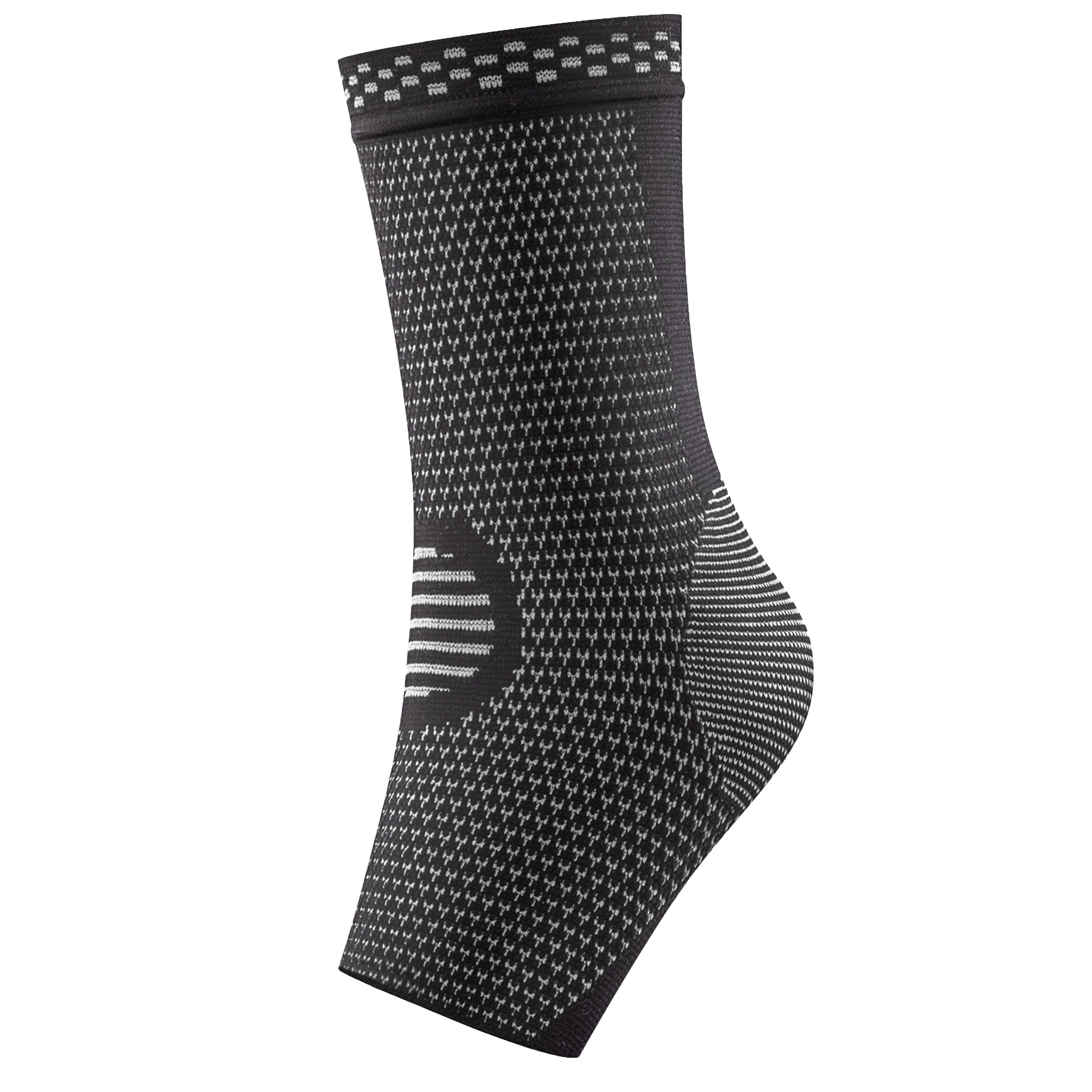 Schwarze Sprunggelenkbandage mit geometrischem Muster. Graue Akzente. Offenes Zehen-Design. Elastisches Material.