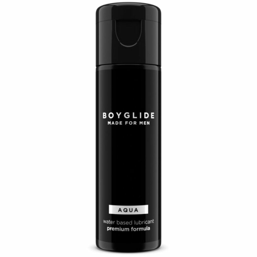 Schwarze Flasche mit Klappverschluss. Aufschrift: BOYGLIDE MADE FOR MEN, AQUA, water based lubricant, premium formula.