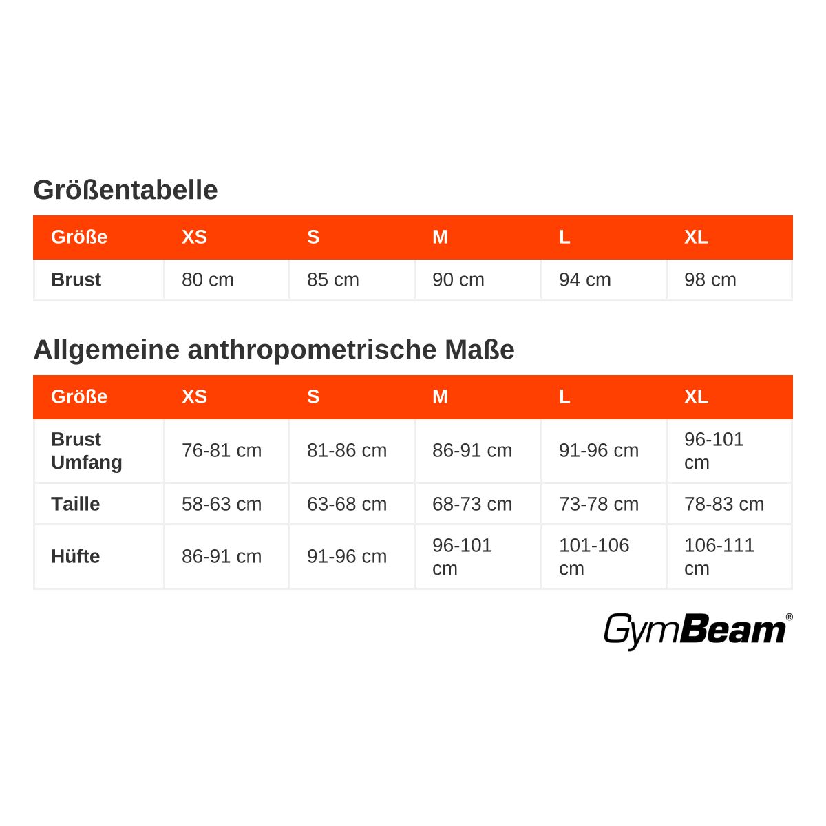 Größentabelle für Brustumfang, Taille und Hüfte in den Größen XS bis XL.