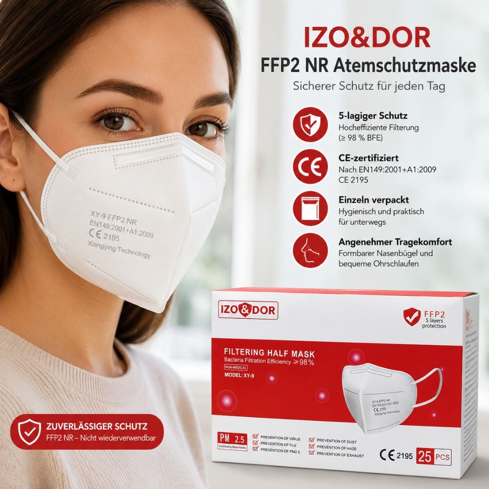 Frau mit weißer FFP2-Maske, Produktverpackung und Merkmalen: 5-lagig, CE-zertifiziert, hygienisch verpackt.