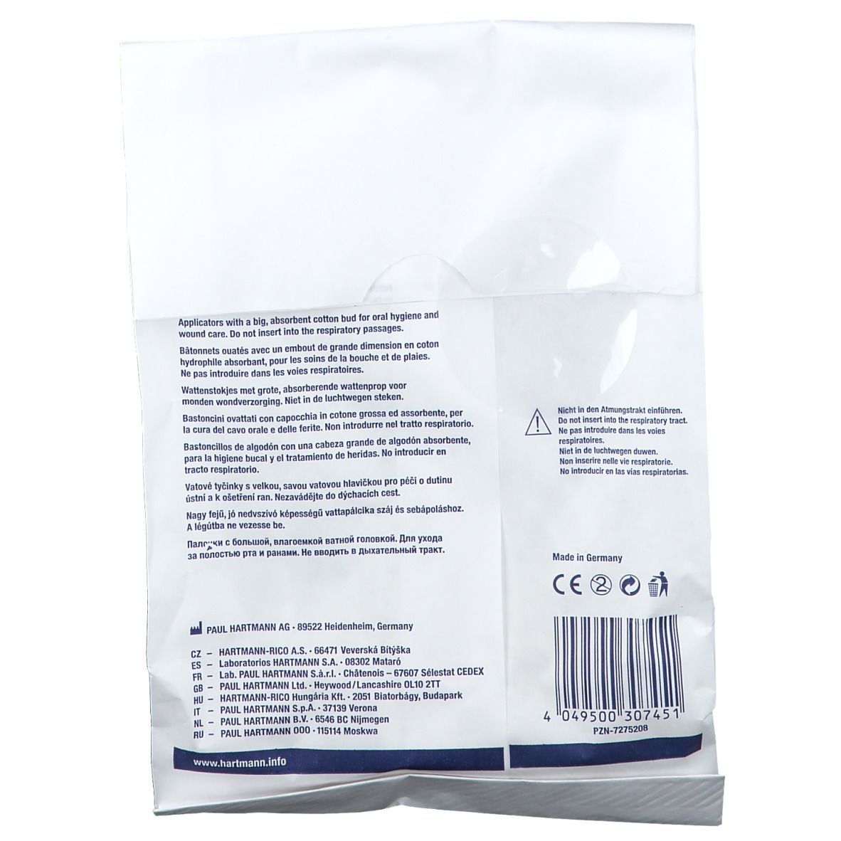 Verpackung Wattestäbchen, weiß. Text: "Wattestäbchen mit 14 cm großem Kopf". Barcode, CE-Zeichen, Herstellerinformationen.