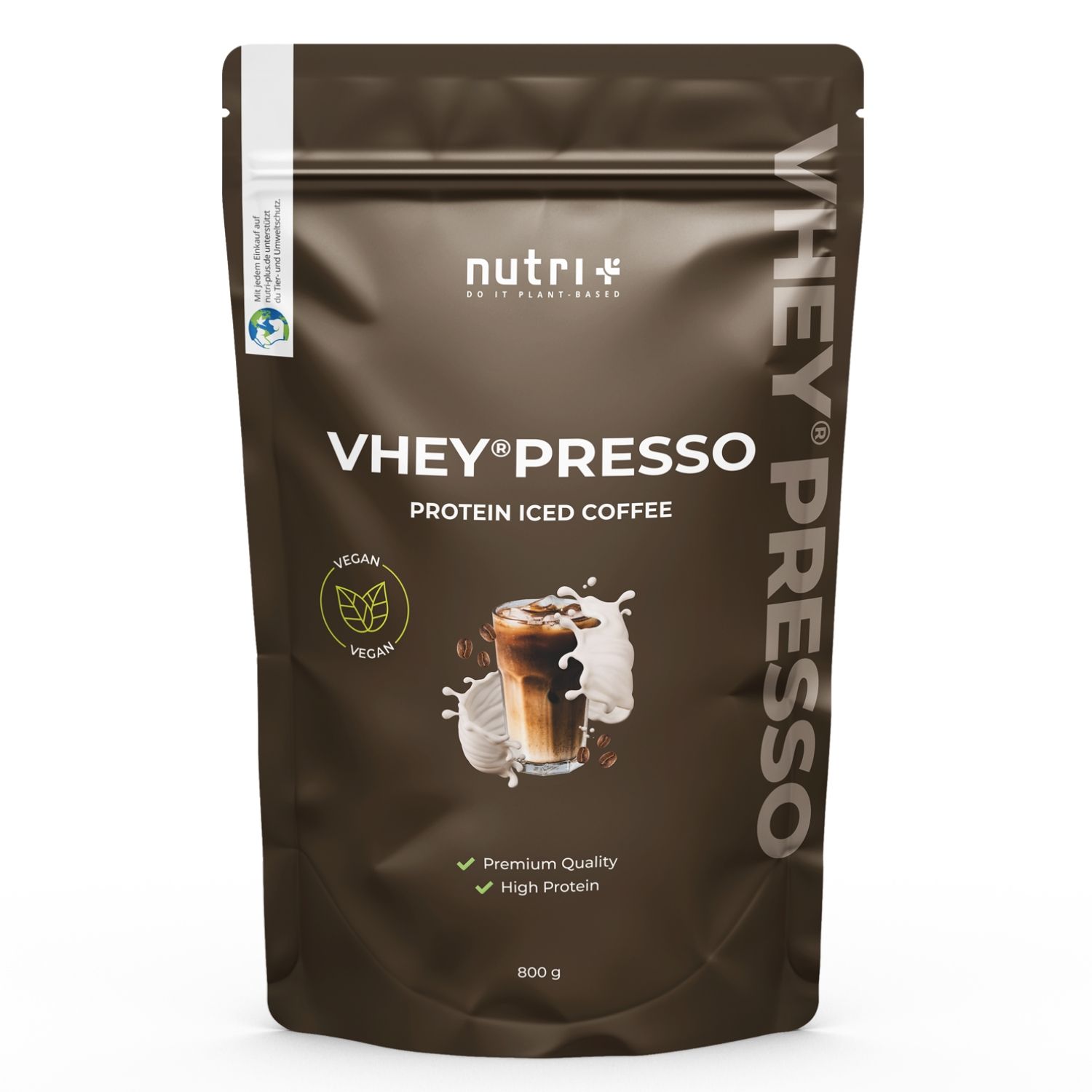 Braune Tüte mit „VHEY®PRESSO“ und „Protein Iced Coffee“-Aufdruck. Vegan-Siegel. 800g. Produktabbildung.