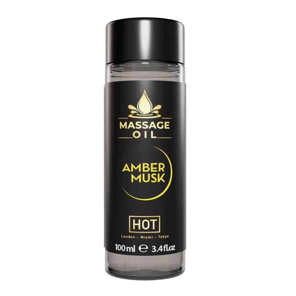 Zylindrische Flasche mit schwarzem Deckel. Aufschrift: MASSAGE OIL AMBER MUSK. Unter: HOT, 100ml.