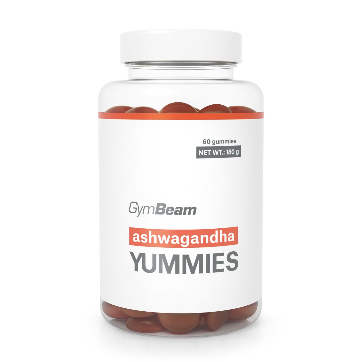 GymBeam Ashwagandha Yummies Fruchtgummis in einem transparenten Behälter mit weißem Deckel. 60 Gummis, 180 g.