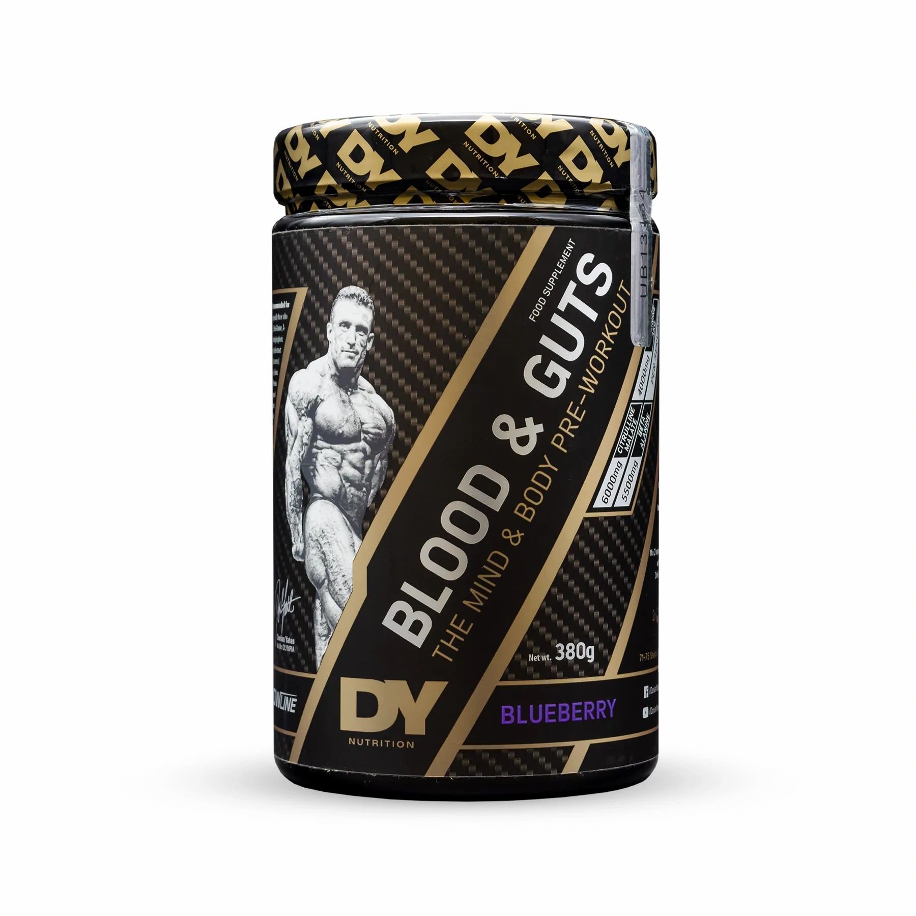 Schwarzes Supplement-Glas mit Aufschrift BLOOD & GUTS, DY Nutrition Logo und Blueberry-Geschmack. 380g.