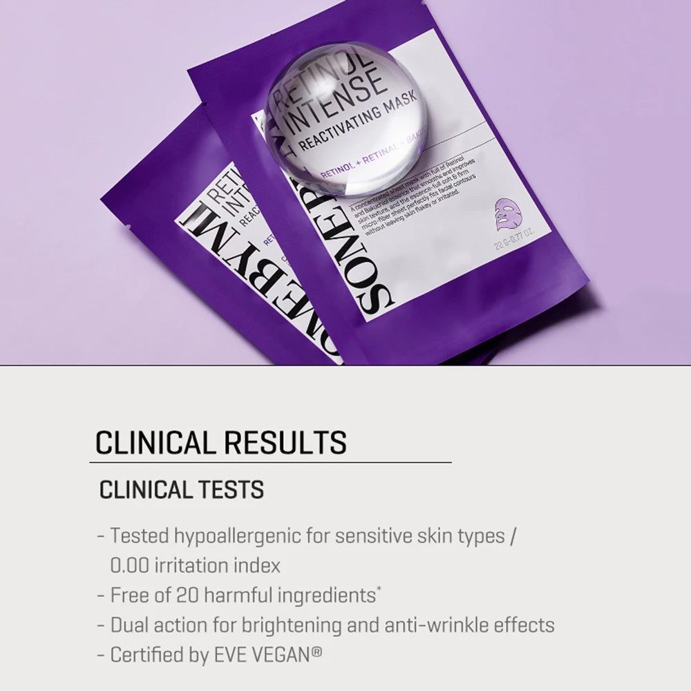 Zwei violette SOMEBYMI Retinol Intense Reactivating Masken mit einer Kugel. Text: Retinol + Retinal + Bakuchiol.