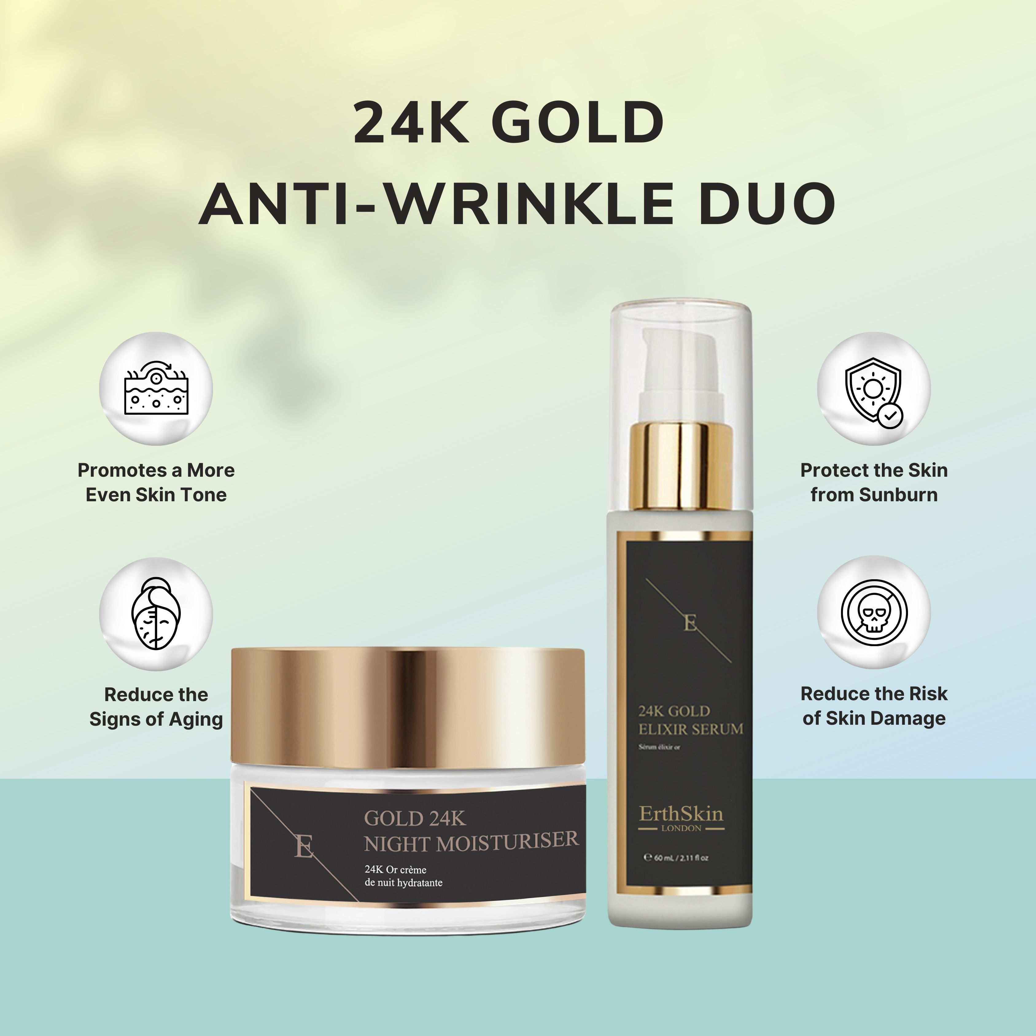 Zwei Kosmetikprodukte: Nachtcreme und Elixier-Serum. Beide mit goldenen Deckeln und Etiketten. Text: 24K Gold Anti-Wrinkle Duo. ErthSkin London.