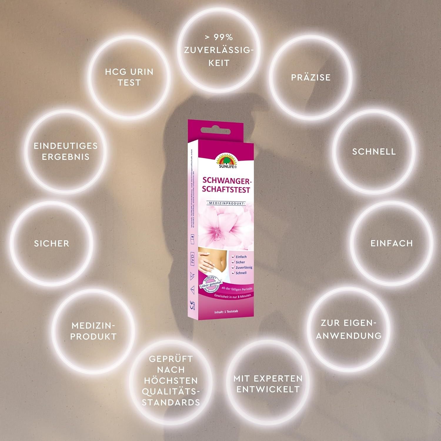 Sunlife Schwangerschaftstest-Verpackung, umgeben von Kreisen mit Eigenschaften: sicher, schnell, einfach, zuverlässig, präzise.
