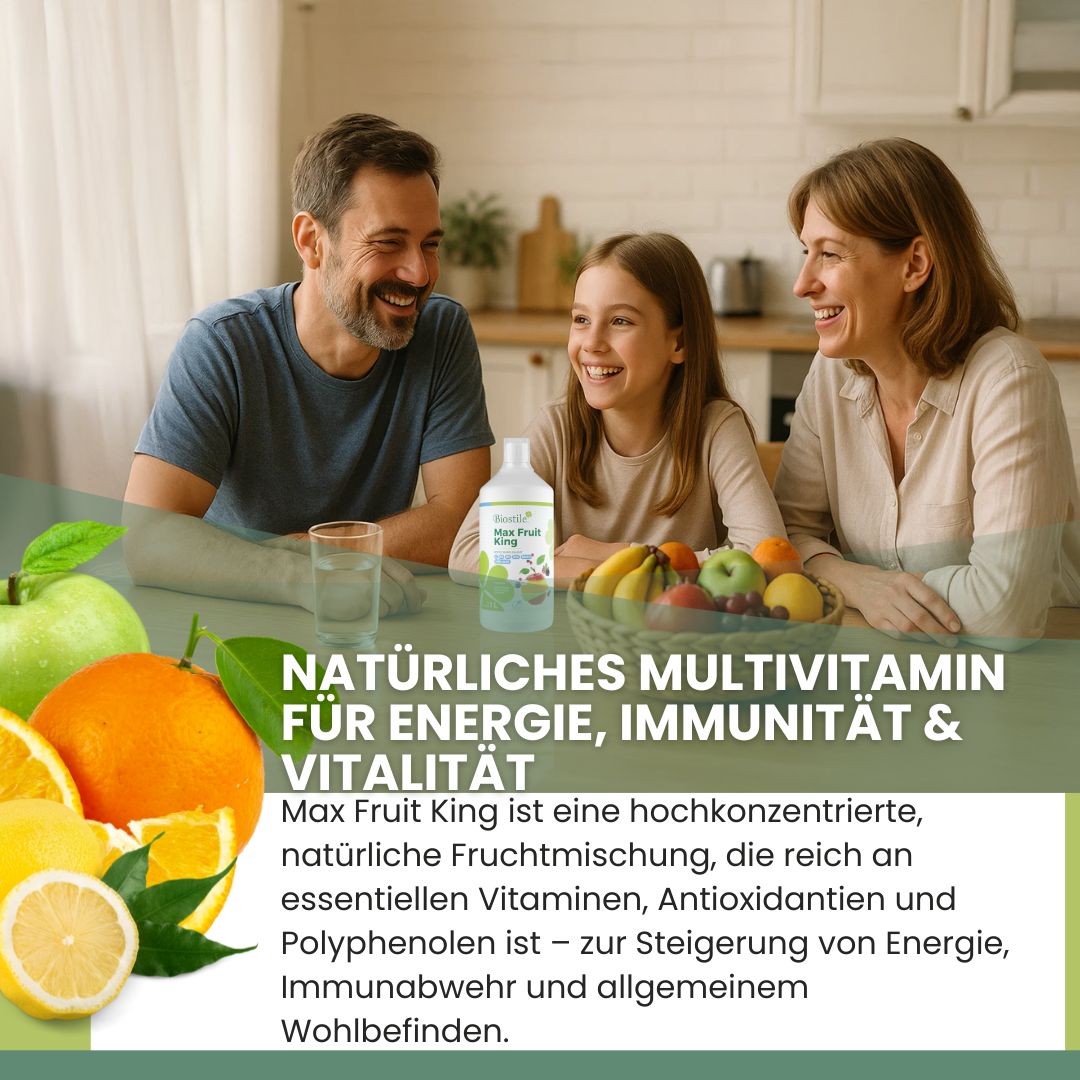 Familie am Tisch mit Biostile Max Fruit King Flasche und Früchten. Text: Natürliches Multivitamin für Energie, Immunität & Vitalität.