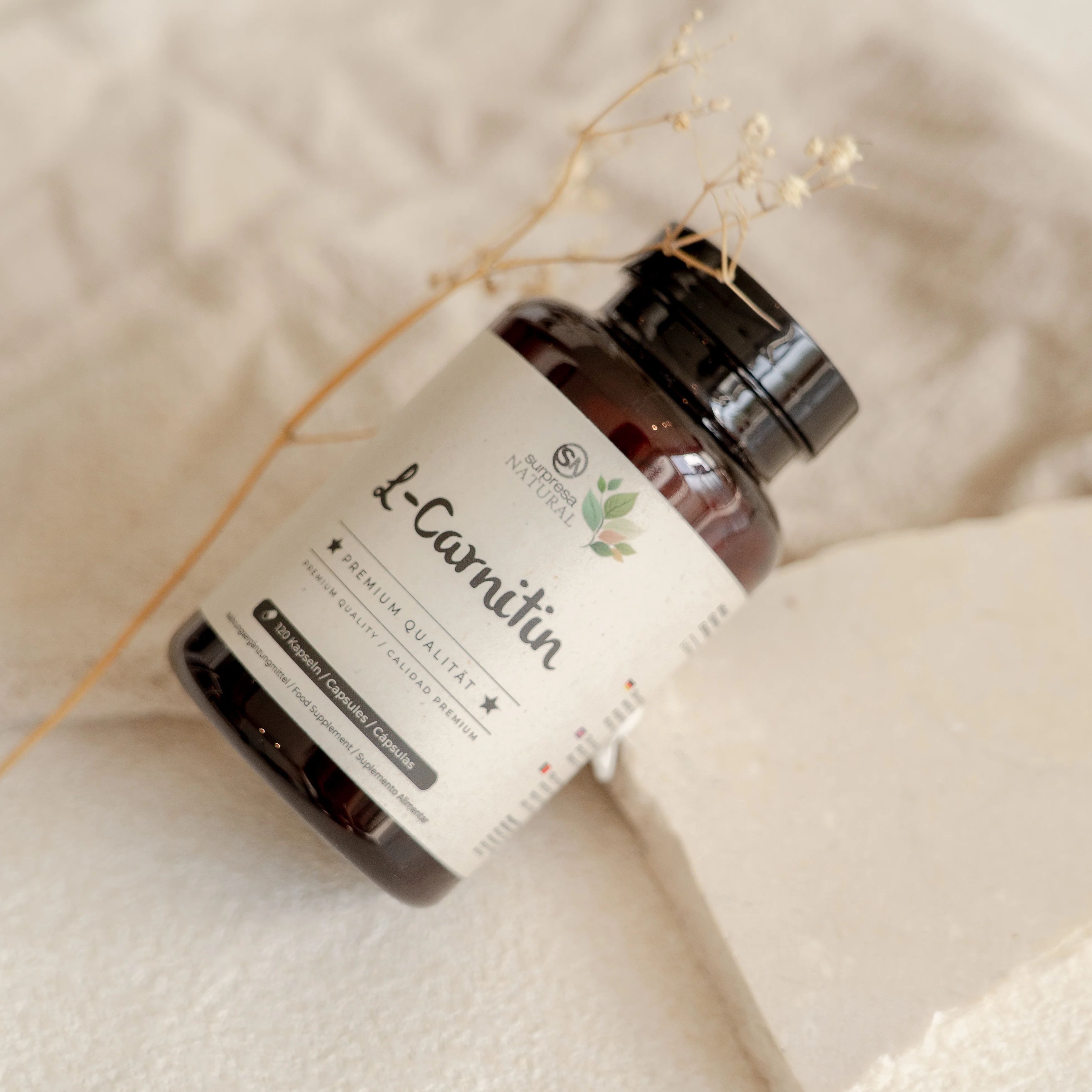 Schräg liegende braune Flasche mit weißen Kapseln. Aufschrift: Surpresa Natural L-Carnitin, Premium Qualität. Dekoration.