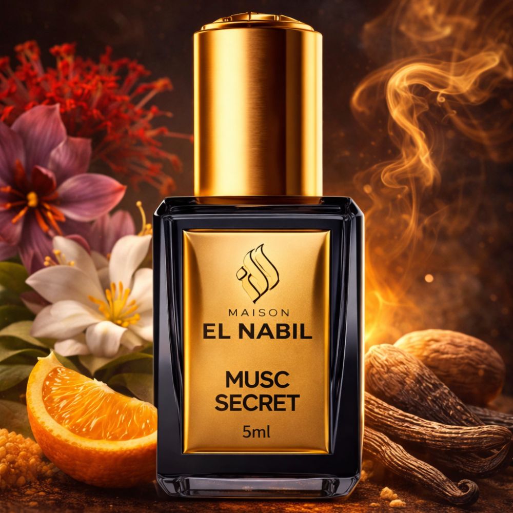 Schwarze Flasche mit goldener Kappe. Goldfarbenes Etikett mit "MAISON EL NABIL MUSC SECRET 5ml".
