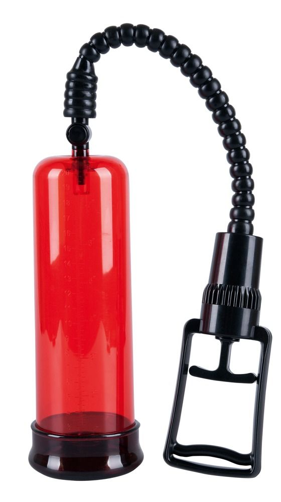 Transparente, rote Zylinderpumpe mit schwarzem Griff und Schlauch. Skala am Zylinder. Schwarzer Sockel.