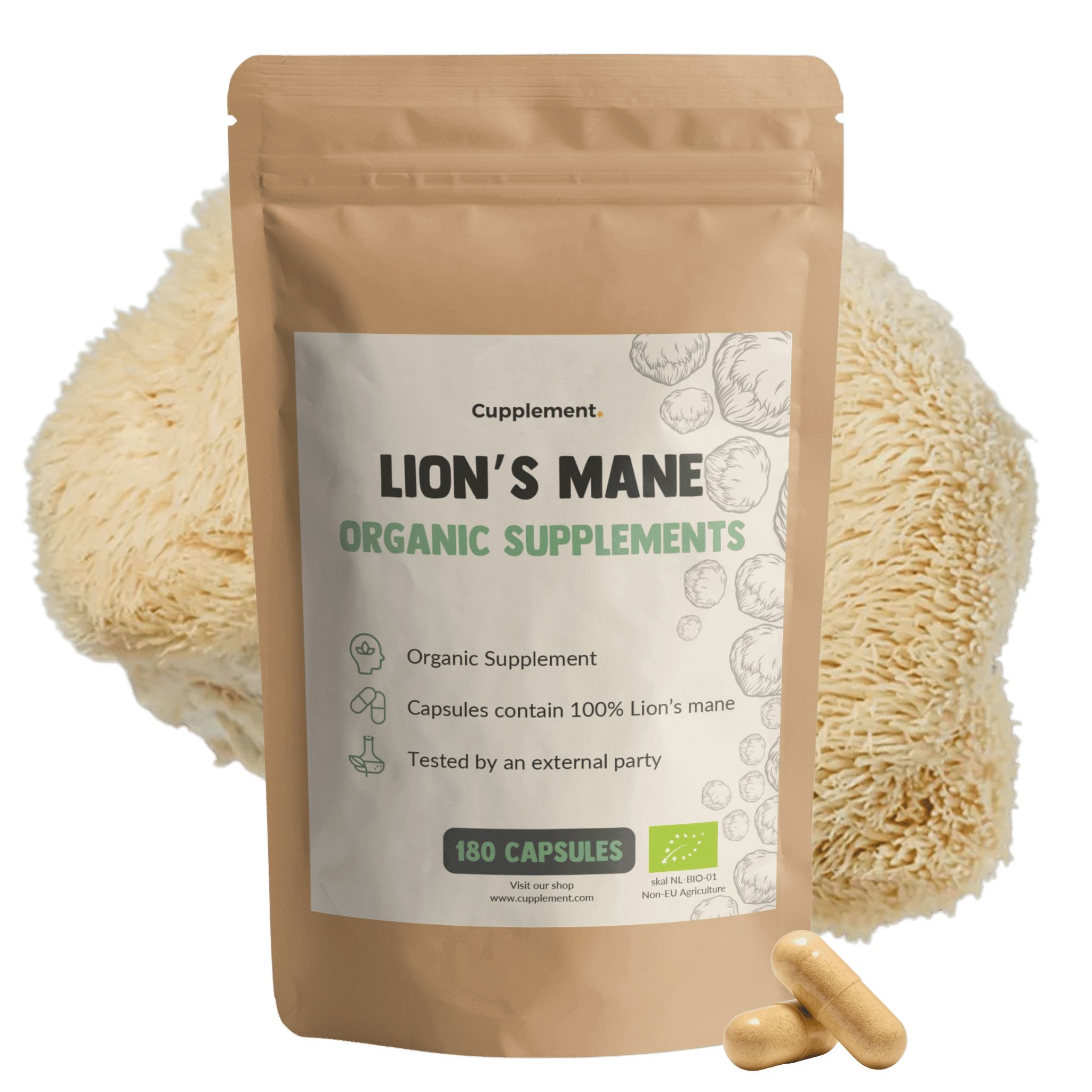 Braune Tüte mit Kapseln. Aufschrift: Lion's Mane Organic Supplements. 180 Kapseln. Löwenmähne-Pilz.