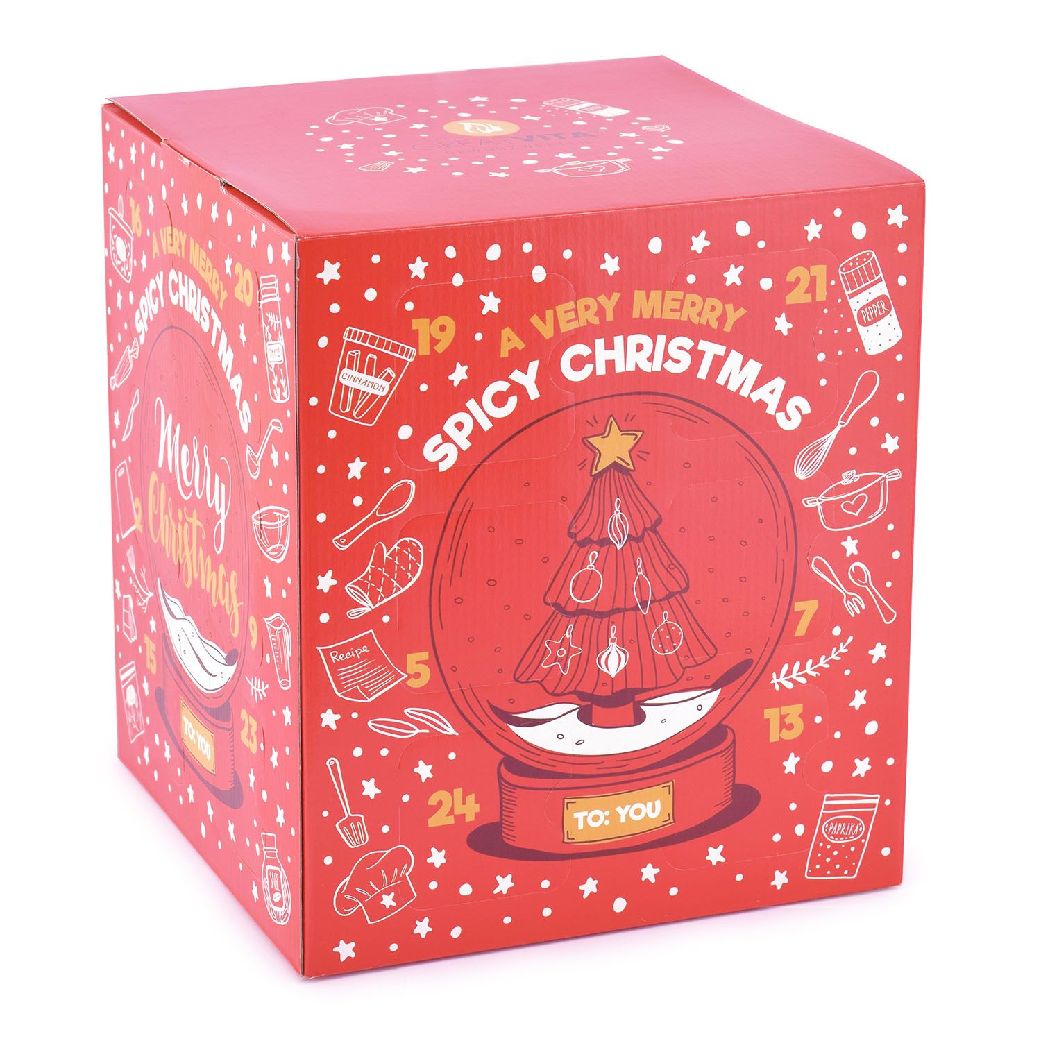 Roter Adventskalender mit Aufdrucken und der Aufschrift "A VERY MERRY SPICY CHRISTMAS". Enthält eine Schneekugel mit Weihnachtsbaum.