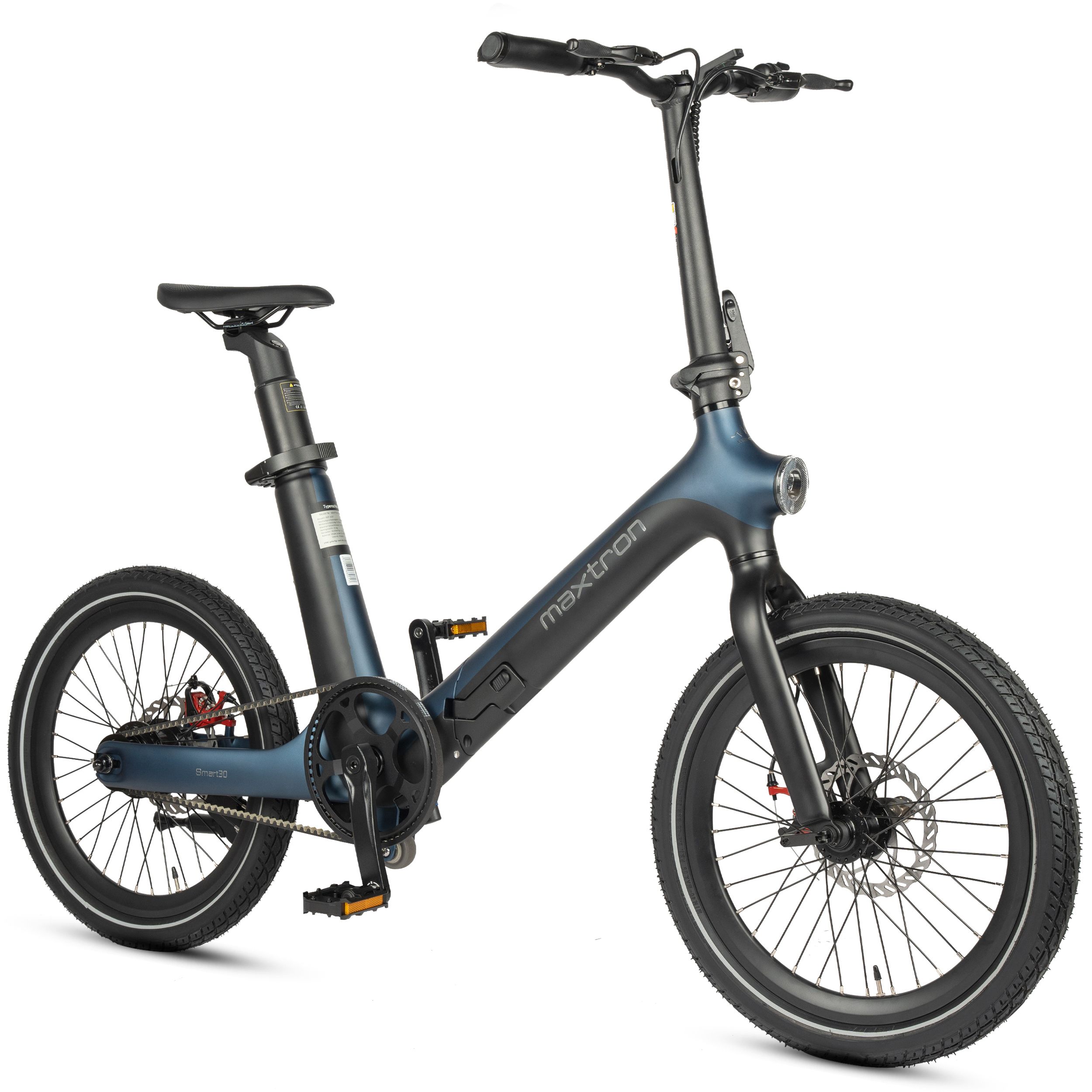 Faltbares Elektrofahrrad mit blauem Rahmen. MAXTRON-Logo sichtbar. Schwarze Reifen, Sattel und Lenker.