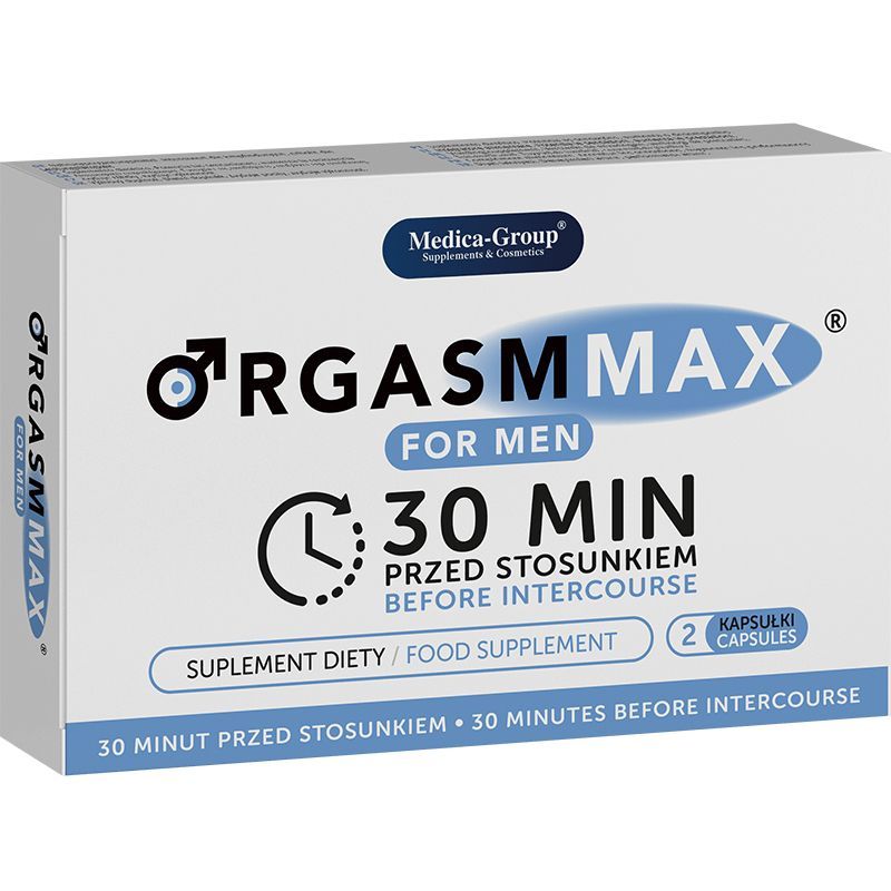 Verpackung von Orgasm Max für Männer, 2 Kapseln, Nahrungsergänzungsmittel.