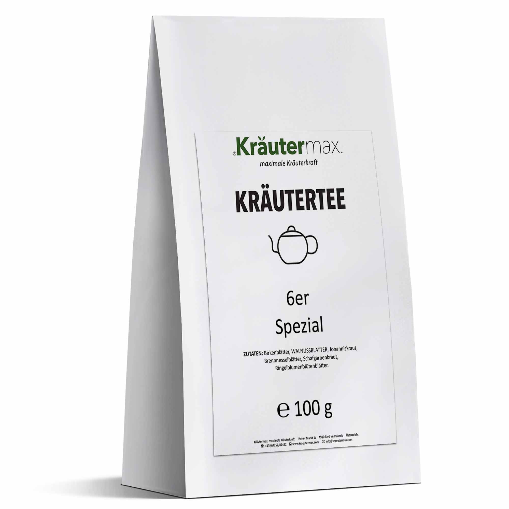 Weiße Verpackung mit Kräutertee-Etikett. Text: Kräutermax, Kräutertee, 6er Spezial, e 100 g. Abbildung einer Teekanne.