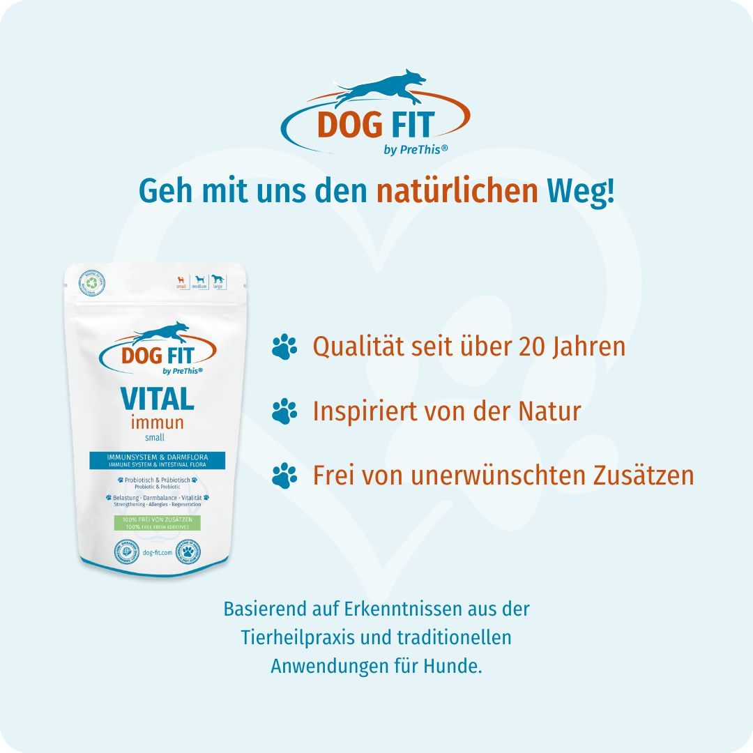 Verpackung mit Text: VITAL immun. Text: Qualität, inspiriert von der Natur, ohne Zusätze.