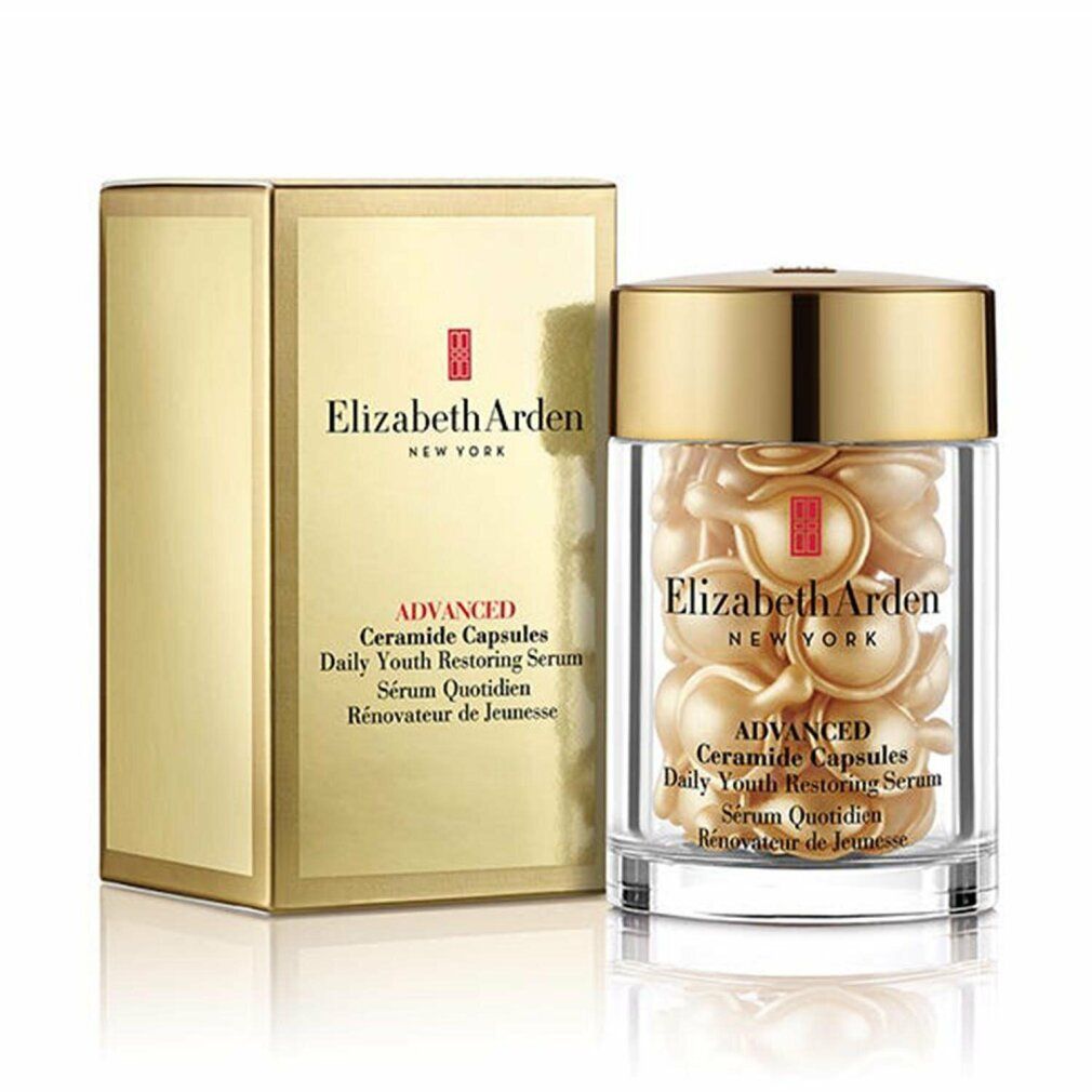 Goldene Schachtel und transparente Dose mit Ceramide Kapseln. Aufschrift: Elizabeth Arden, Advanced Ceramide Capsules, Daily Youth Restoring Serum.