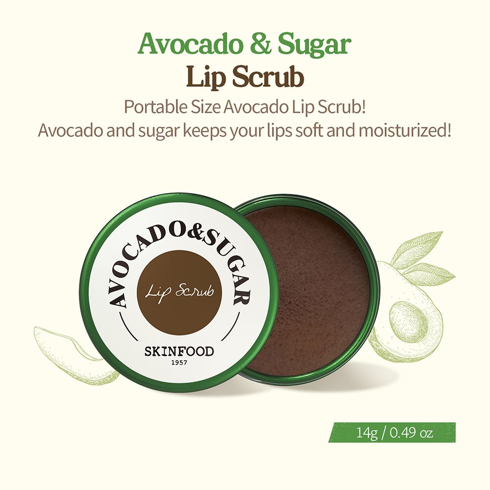 Produkt mit geöffnetem Deckel. Aufschrift: Avocado & Sugar Lip Scrub, SKINFOOD. Text: Portable Size Avocado Lip Scrub!