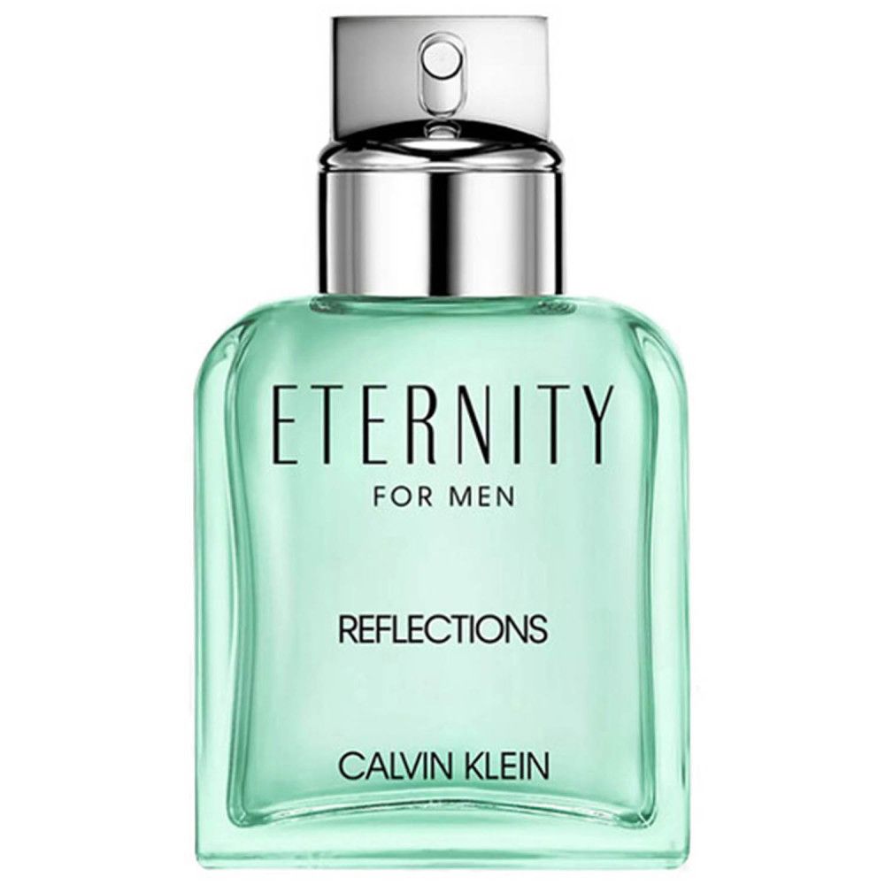 Hellgrüner Flakon mit silbernem Verschluss. Aufschrift: Eternity for Men Reflections, Calvin Klein.