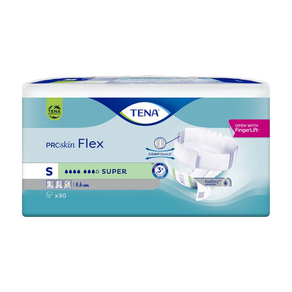 Verpackung TENA ProSkin Flex Super S. Grün-weißes Design. Produktname und Größenangabe. 30 Stück.