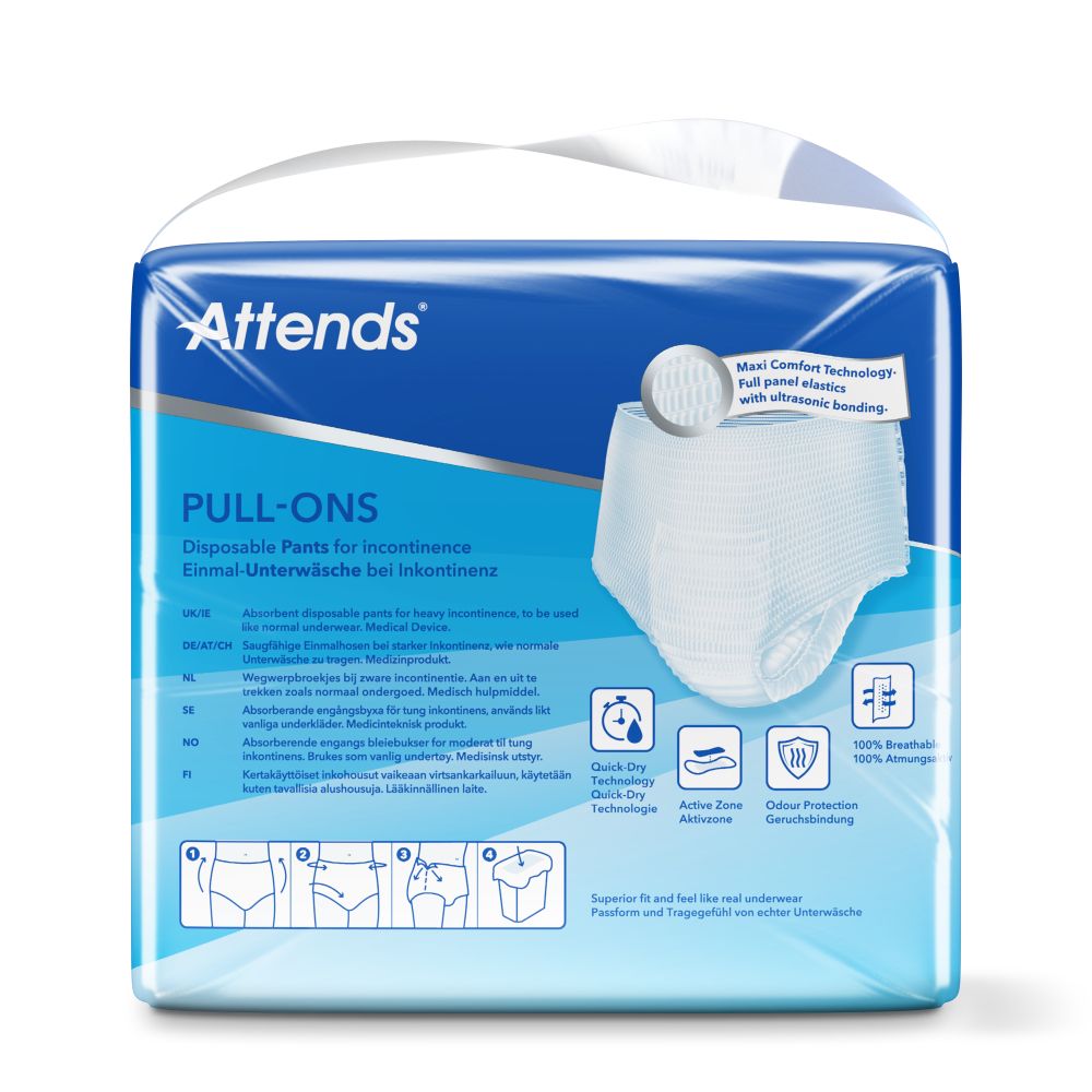 Attends Pull-Ons. Packung mit Produktinformationen. Größenangaben. Quick Dry Technologie. 100% atmungsaktiv.