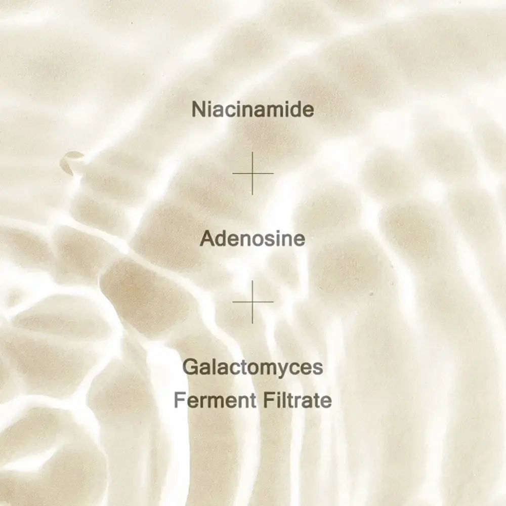 Abstrakte Darstellung von Inhaltsstoffen: Niacinamid, Adenosin, Galactomyces Ferment Filtrate.