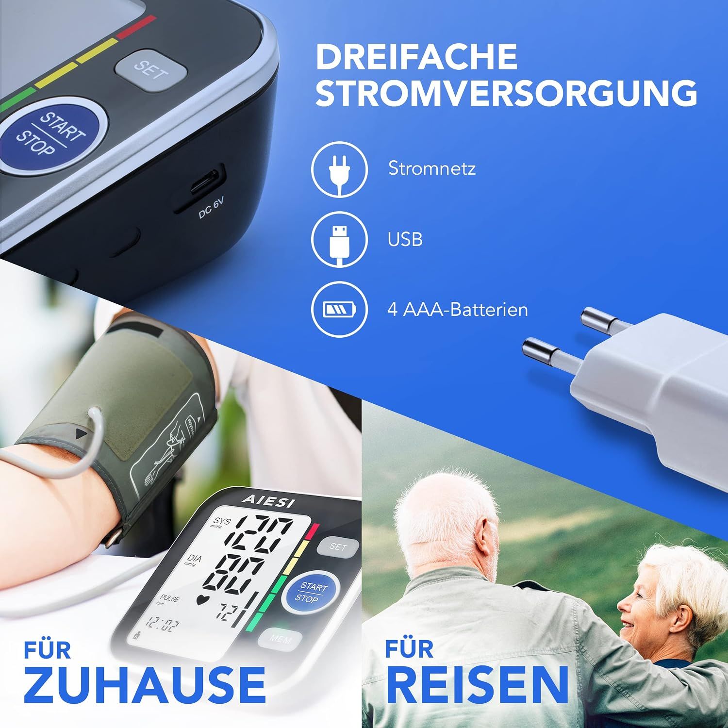 Aiesi Digitaler Oberarm-Blutdruckmesser mit LCD-Anzeige, zeigt systolischen und diastolischen Blutdruck sowie Puls an.