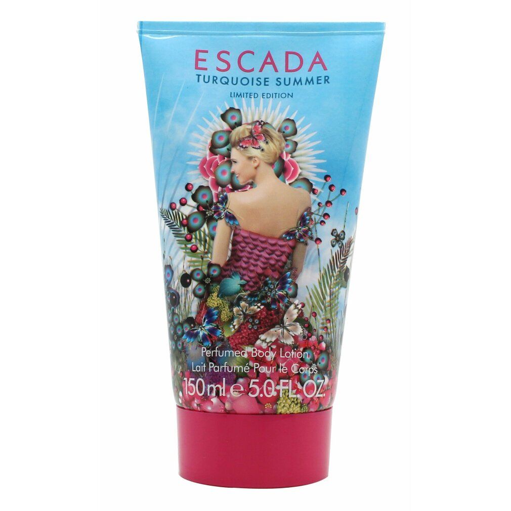 Türkisblaue Tube mit Aufdruck. Frau mit Blumenmuster. Text: Escada Turquoise Summer, Limited Edition, Body Lotion, 150ml.