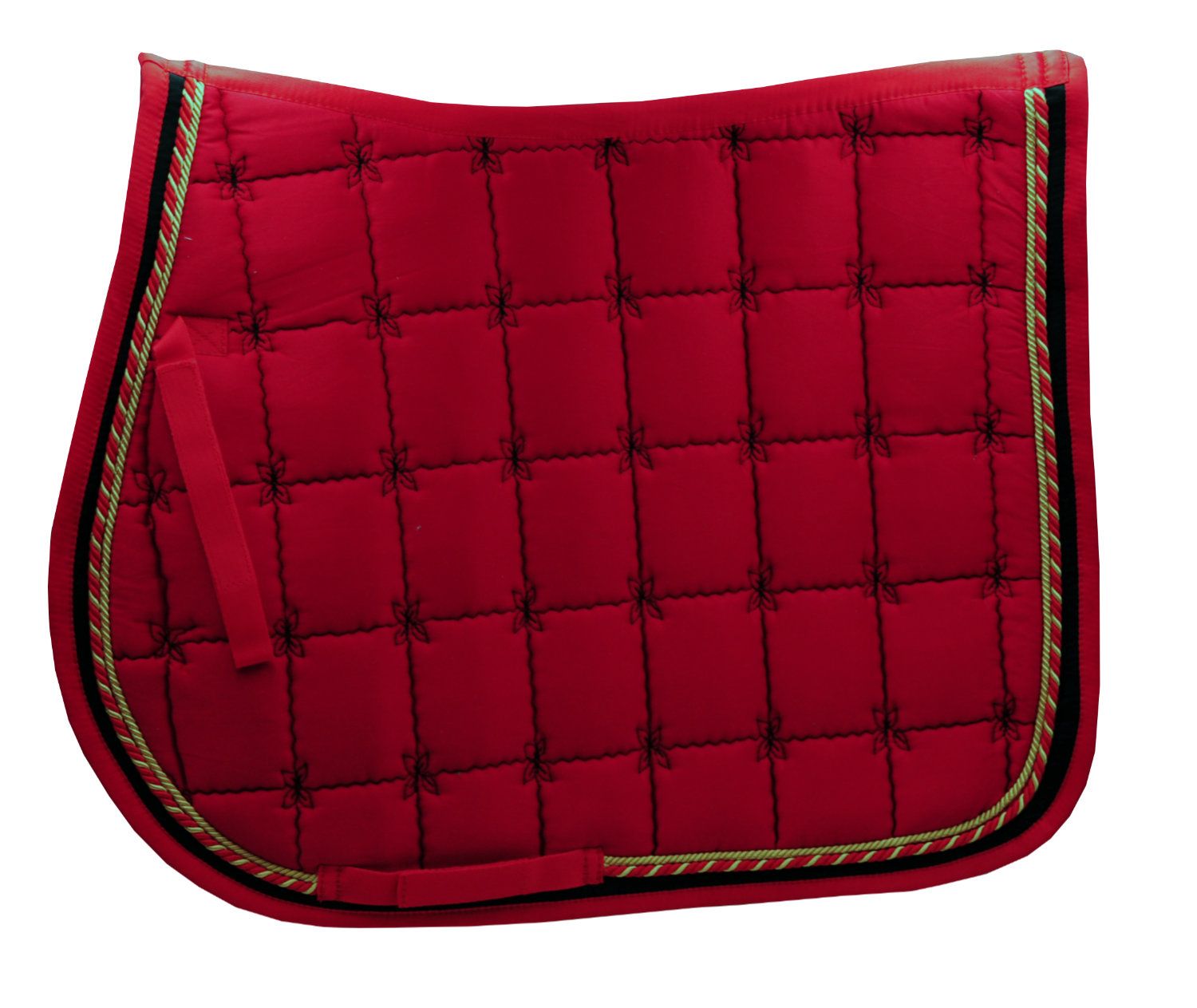 Rote Schabracke mit Doppelkordel und Blumenstickerei. Quadratische Steppung, goldfarbene Kordel, schwarze Einfassung.