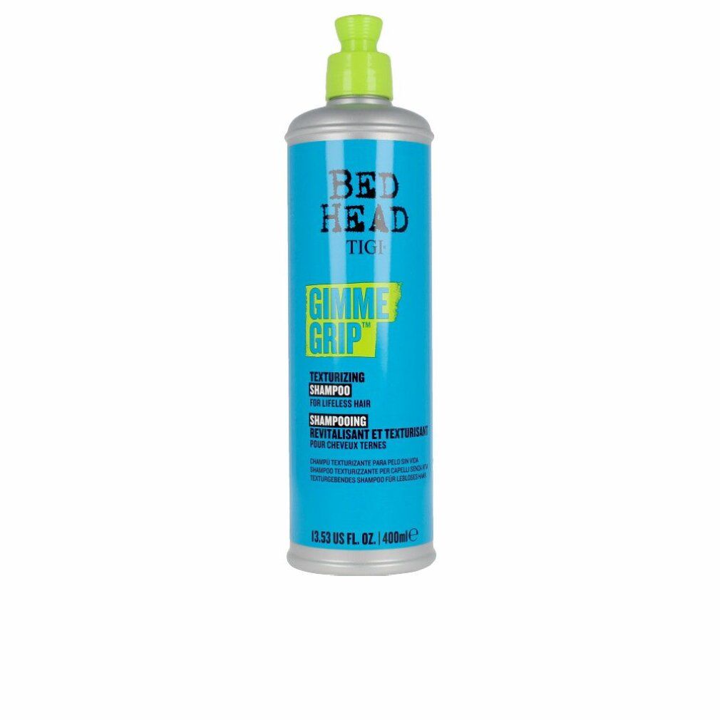 Türkis-farbene Shampoo-Flasche mit grünem Deckel. Aufschrift: Bed Head TIGI Gimme Grip Texturizing Shampoo.