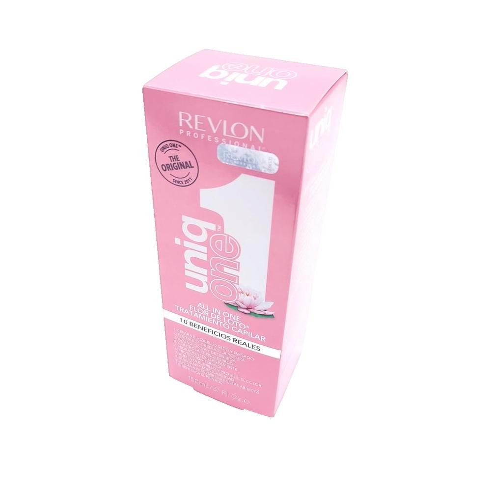 Rosa Verpackung. Text: Uniq One, Lotus Flower, 10 Benefits. Logo: Revlon. Abgebildet: Lotusblüte.
