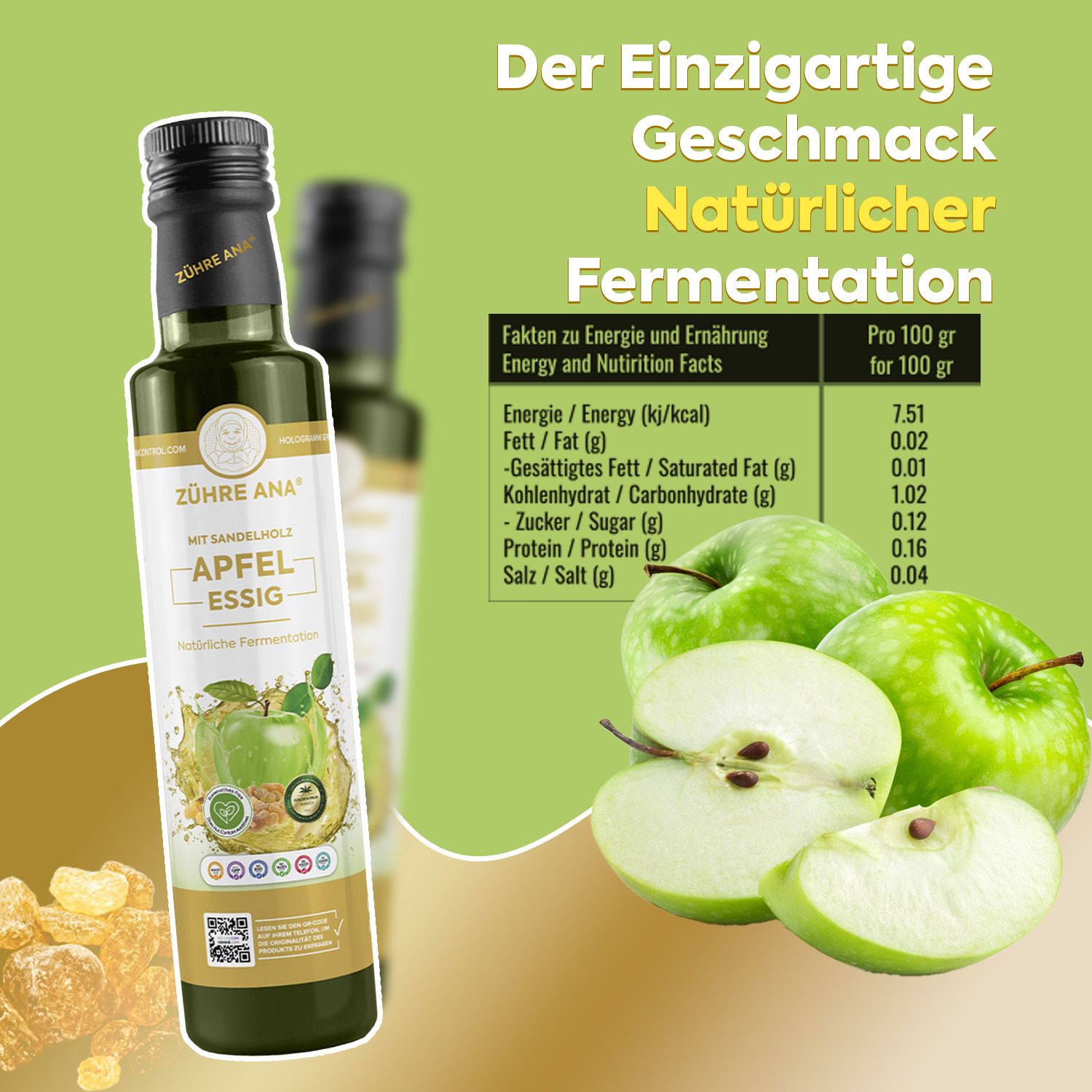 Flasche Apfelessig mit Etikett, daneben grüne Äpfel und Nährwertangaben.
