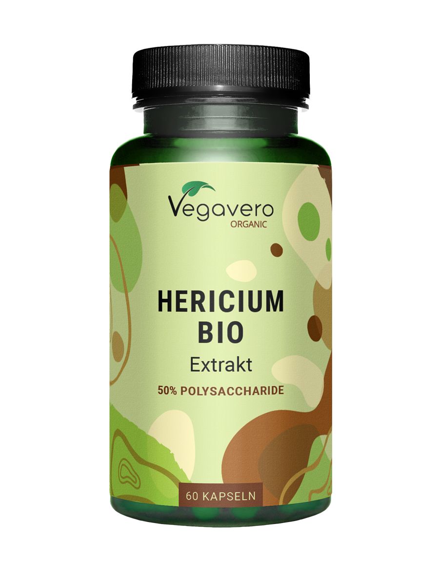 Grüne Flasche mit schwarzen Deckel. Aufschrift: Hericium BIO Extrakt, 50% Polysaccharide, 60 Kapseln. Marke: Vegavaro Organic.