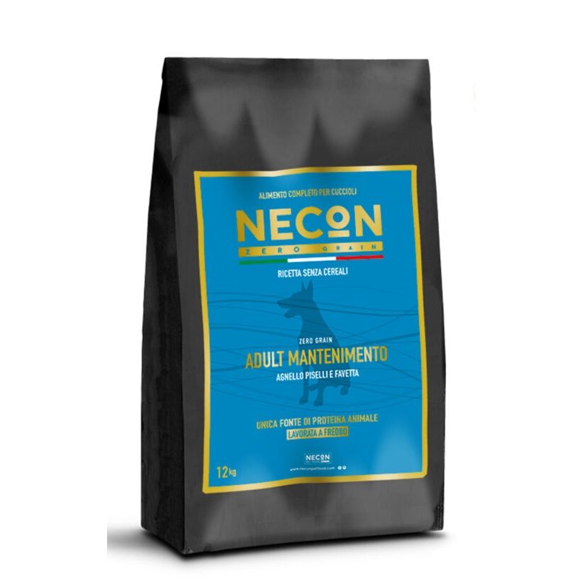 Schwarzer Beutel mit blauem Etikett. Aufschrift: NECON ZERO GRAIN, Adult Mantimento, ohne Getreide. 12 kg.