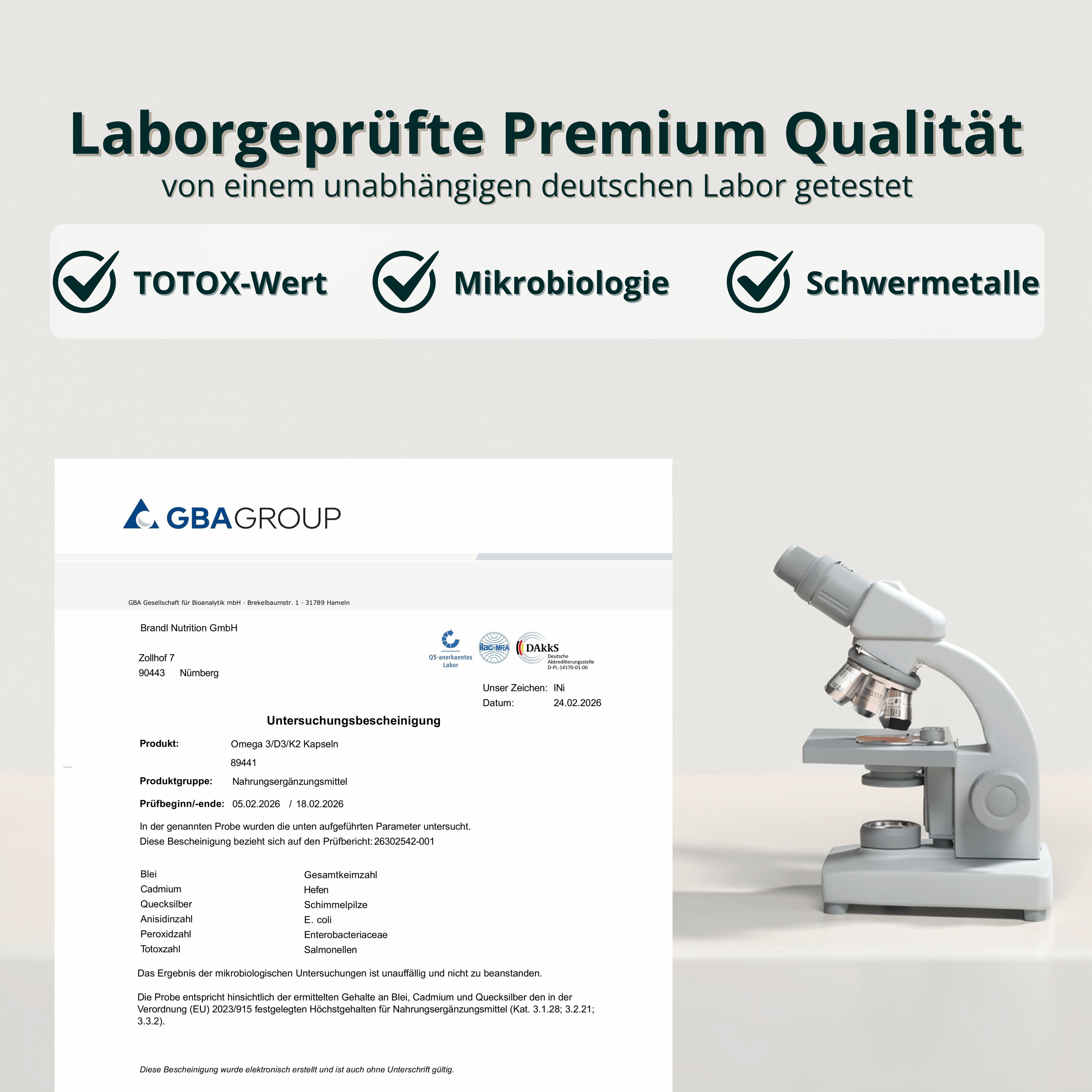 Laborgeprüfte Premium Qualität. Mikroskop und Laborbericht. Text: "TOTOX-Wert", "Mikrobiologie", "Schwermetalle".