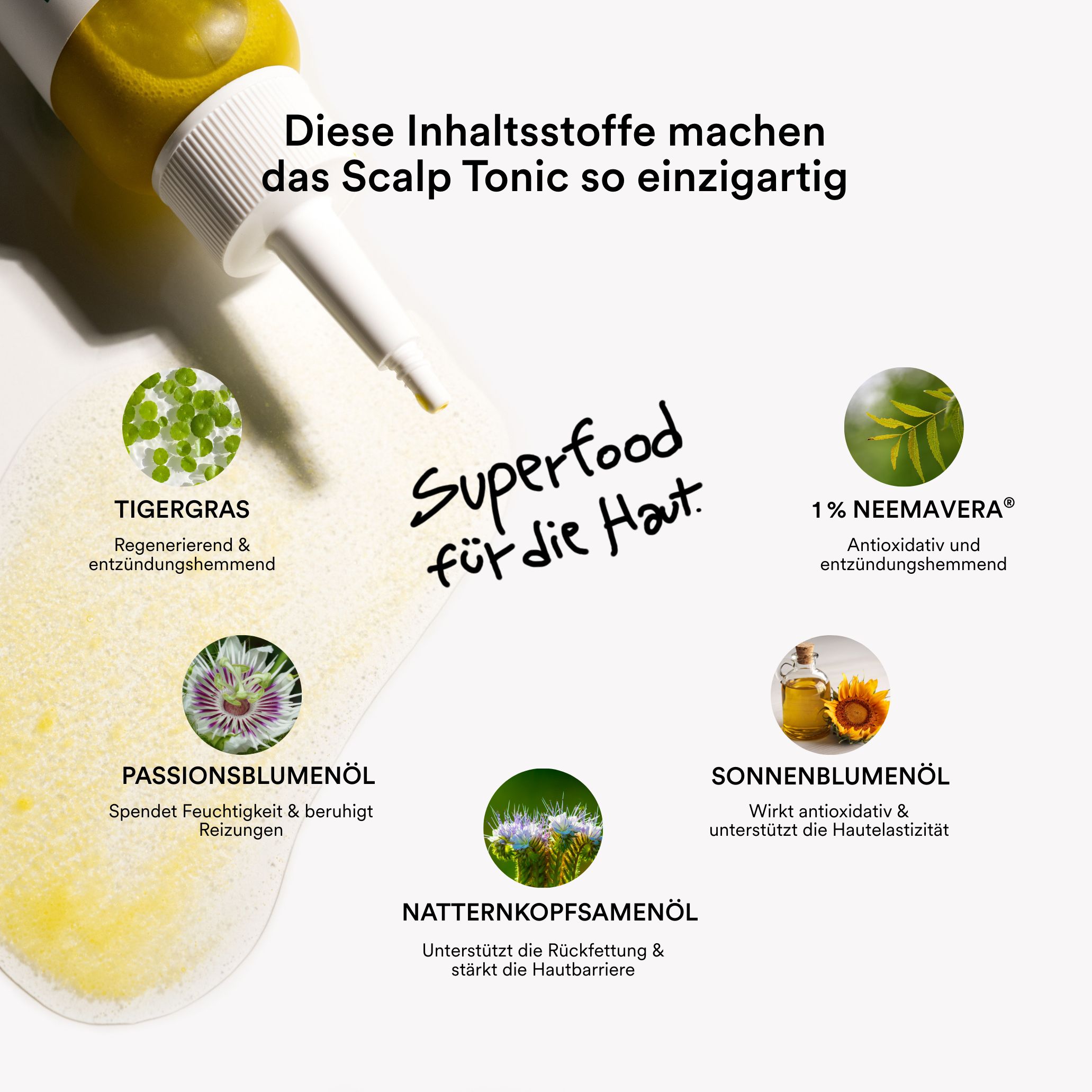 Nahaufnahme von Inhaltsstoffen: Tigergras, Passionsblumenöl, Sonnenblumenöl, Natterkopfsaamenöl, 1% NeemAvera. Text: Superfood für die Haut.