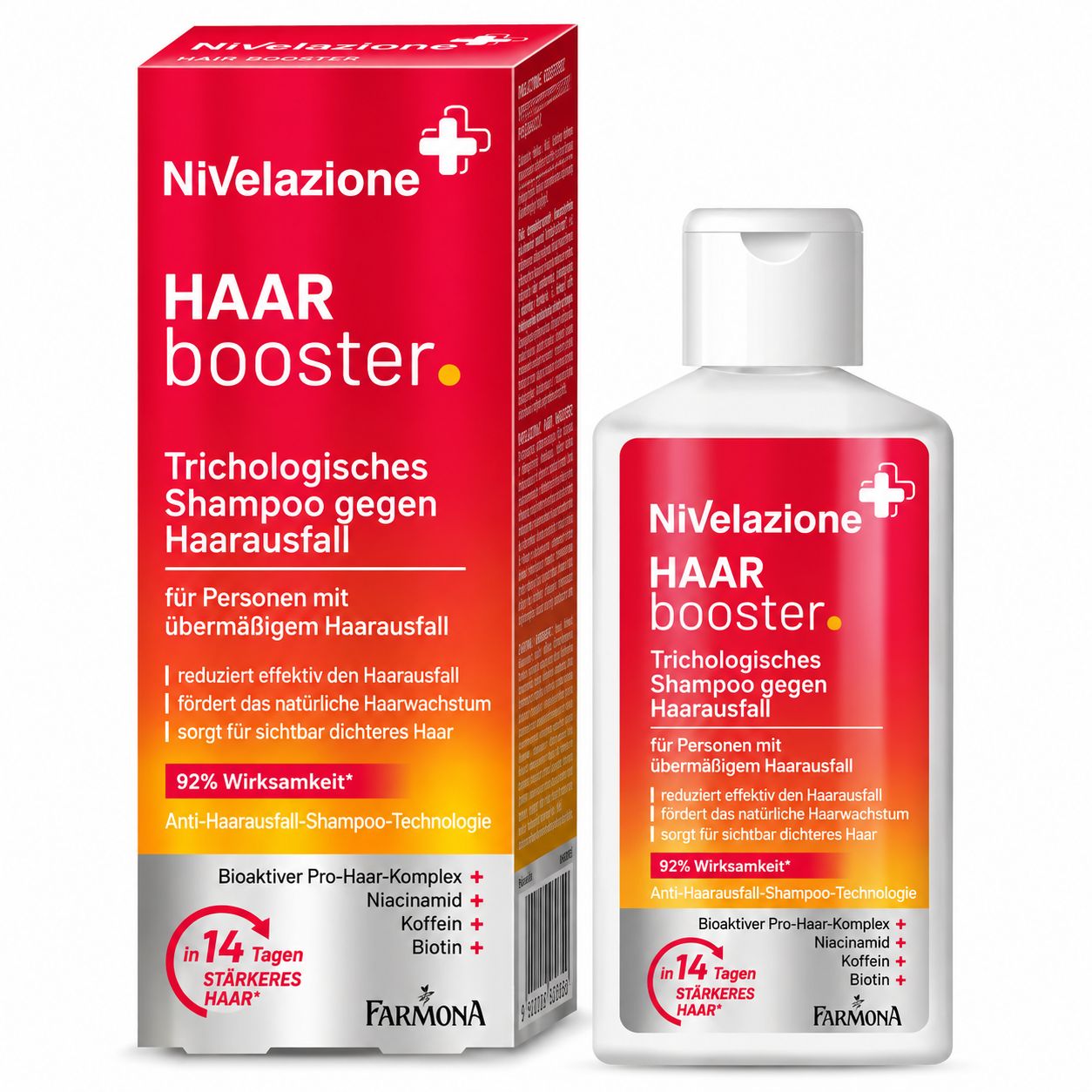 Nivelazione Haar Booster Trichologisches Shampoo gegen Haarausfall in weißer Flasche und Box.