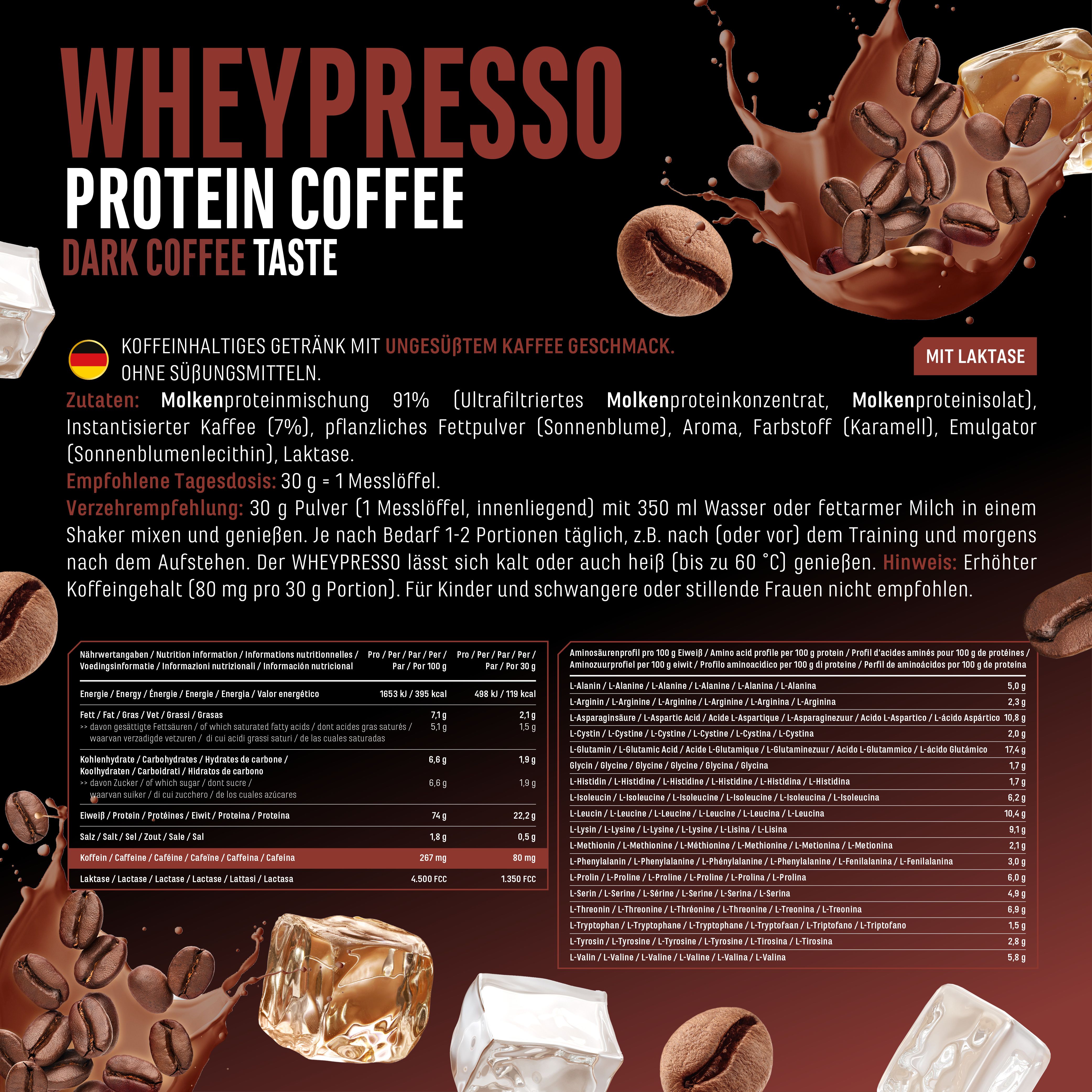 Produktinformationen von Wheypresso Protein Coffee. Enthält Text, Nährwertangaben, Zutaten und Illustrationen von Kaffeebohnen.