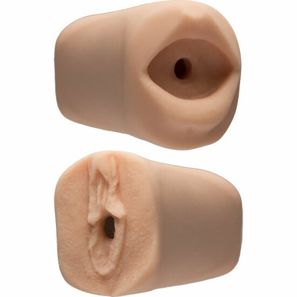 Zwei Fleshlight-Modelle, haut farben, mit Öffnungen. Oben: Mund. Unten: Vagina. Beide mit dunklen Öffnungen.