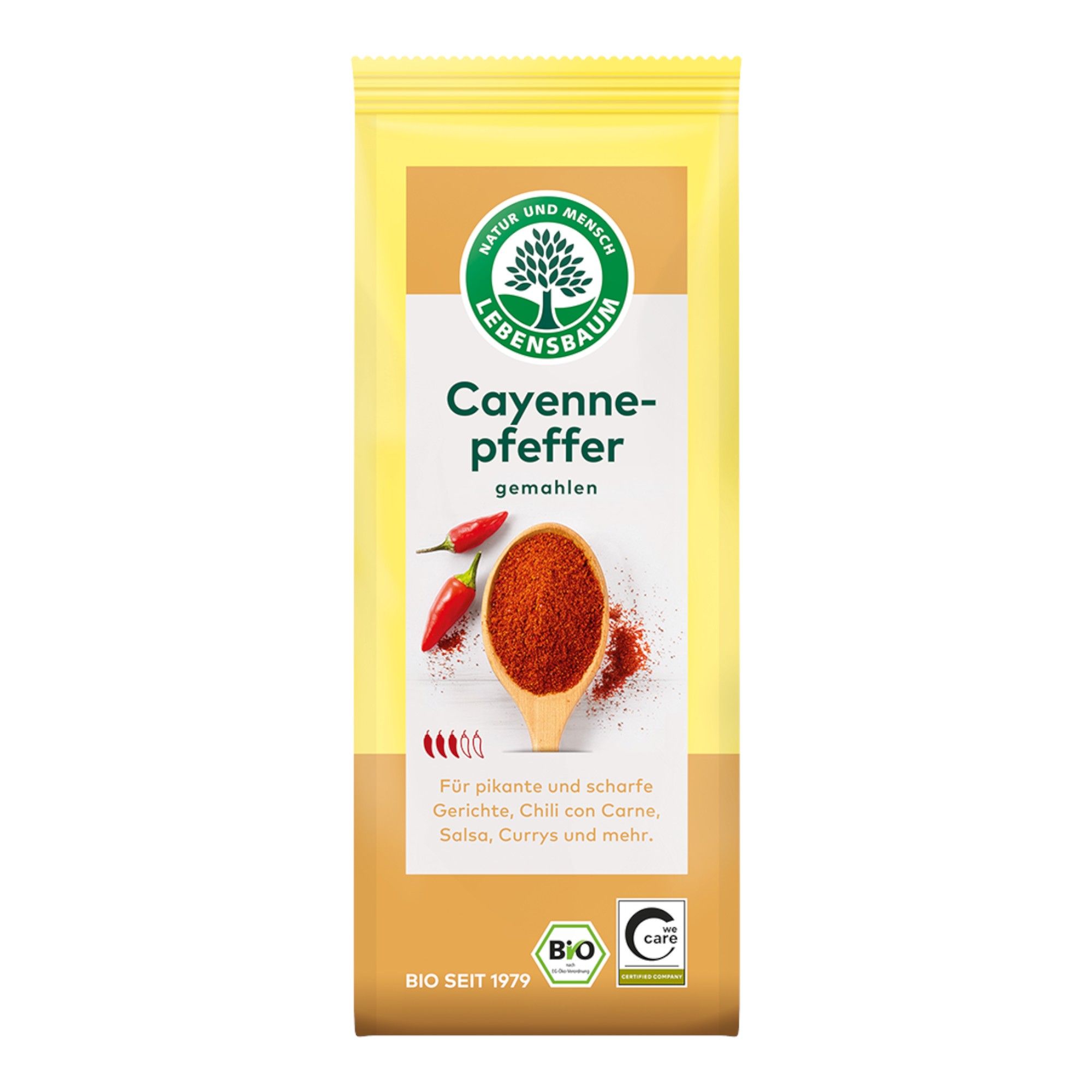 Bio Cayennepfeffer gemahlen, 50g Packung mit Abbildung von Chilis, Löffel mit Pulver und Bio-Siegel.