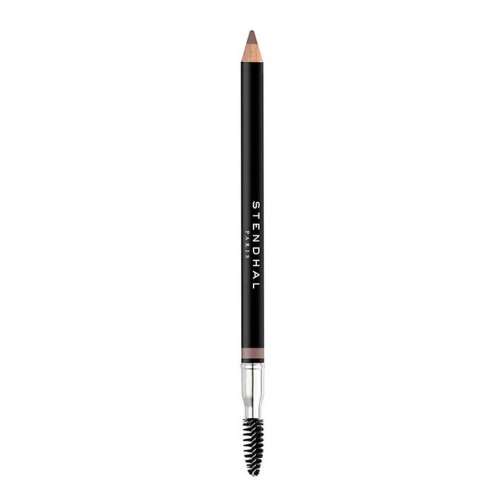 Stendhal Precision Eyebrow Pencil 402 Brun. Dunkelbrauner Stift mit Bürste. Schwarzer Schaft, silberne Spitze. Marke sichtbar.