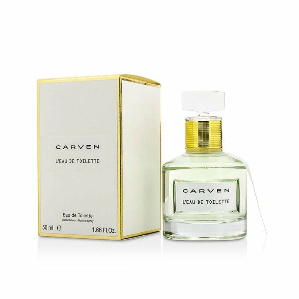 Parfümflasche und Verpackung. Flasche mit goldfarbenem Verschluss, weißem Etikett. Verpackung weiß mit goldenen Akzenten, Produktname.