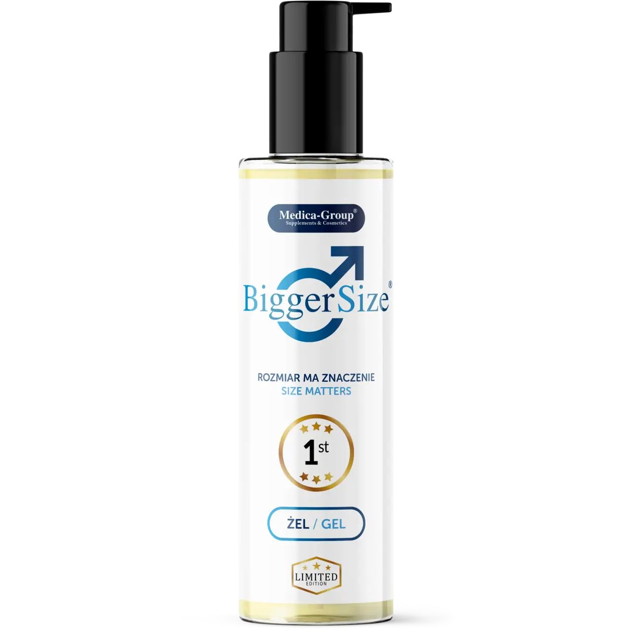 Gel-Flasche mit schwarzem Pumpkopf. Aufschrift: BiggerSize, Größe Matters, 1st, ZEL/GEL, Limited Edition. Logo: Männliches Symbol.